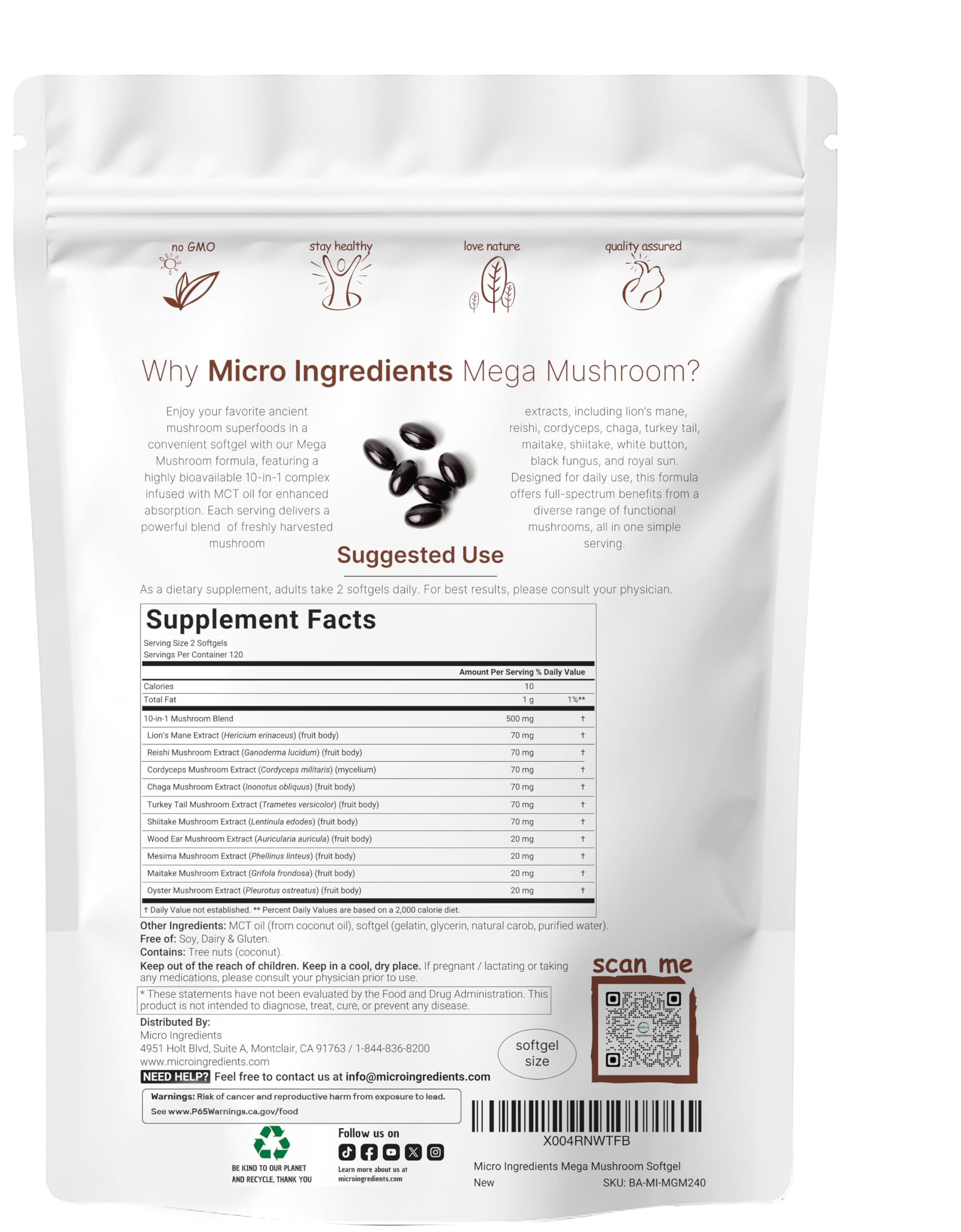 Micro Ingredients 10‑in‑1 Mega Mushroom Complex Supplement – Lions Mane, Cordyceps, Reishi, Chaga & More – 240 Softgels with MCT Oil – 4 Month Supply – Adaptogenic Functional Mushroom Blend — Amazon image 2