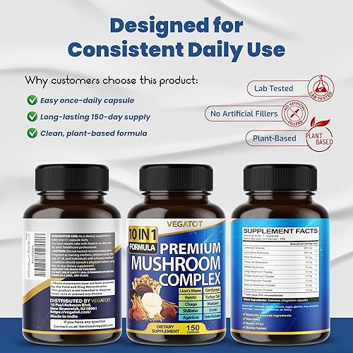 Vista 9 de 10 in 1 High Strength Mushroom Supplement - Lions Mane, Cordyceps, Reishi - Brain Supplements for Memory and Focus ** 5-Month Supply