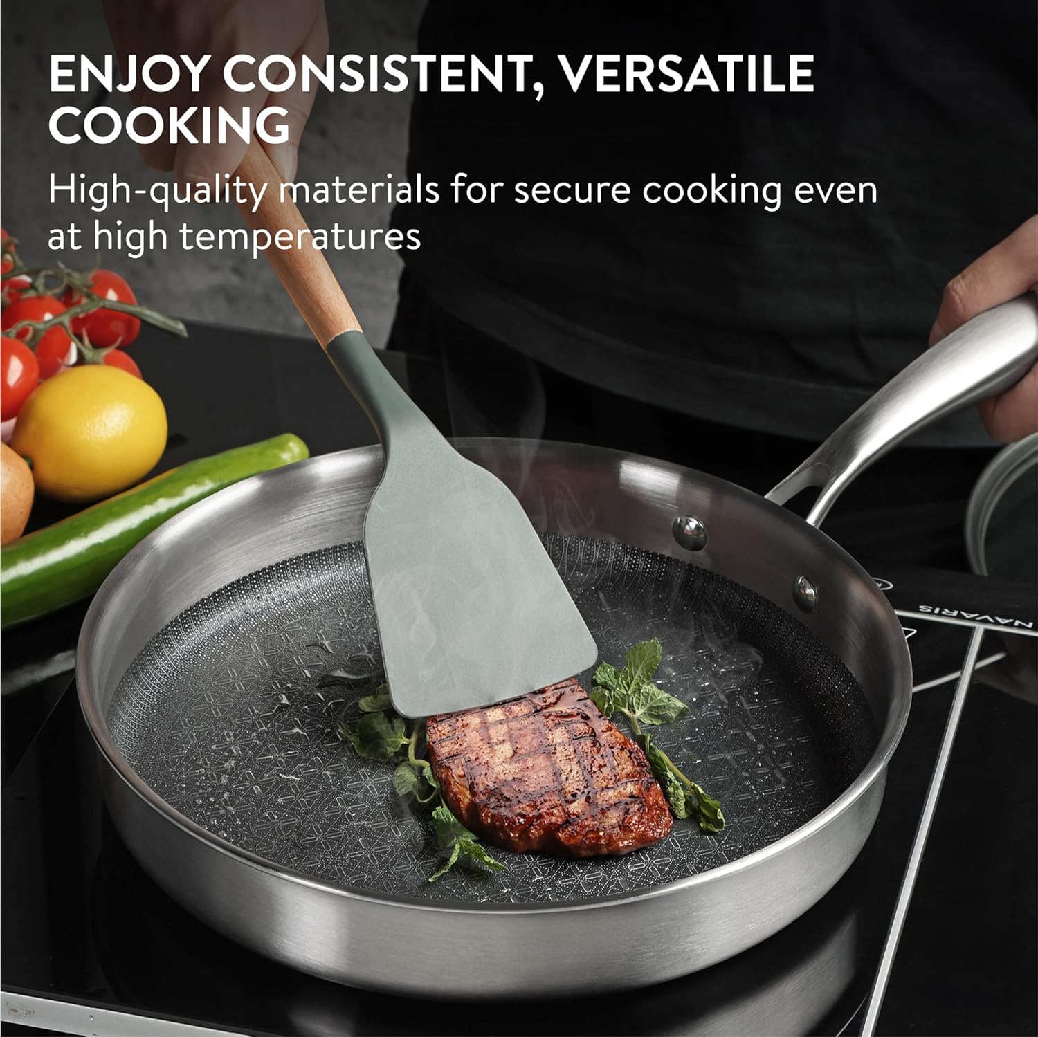 Navaris Stainless Steel Frying Pan with Glass Lid - Durable & Scratch Resistant 26cm/10.2" Pans w/Stay Cool Metal Handle - Tri-Ply Construction Ideal for All Stoves, Oven Safe