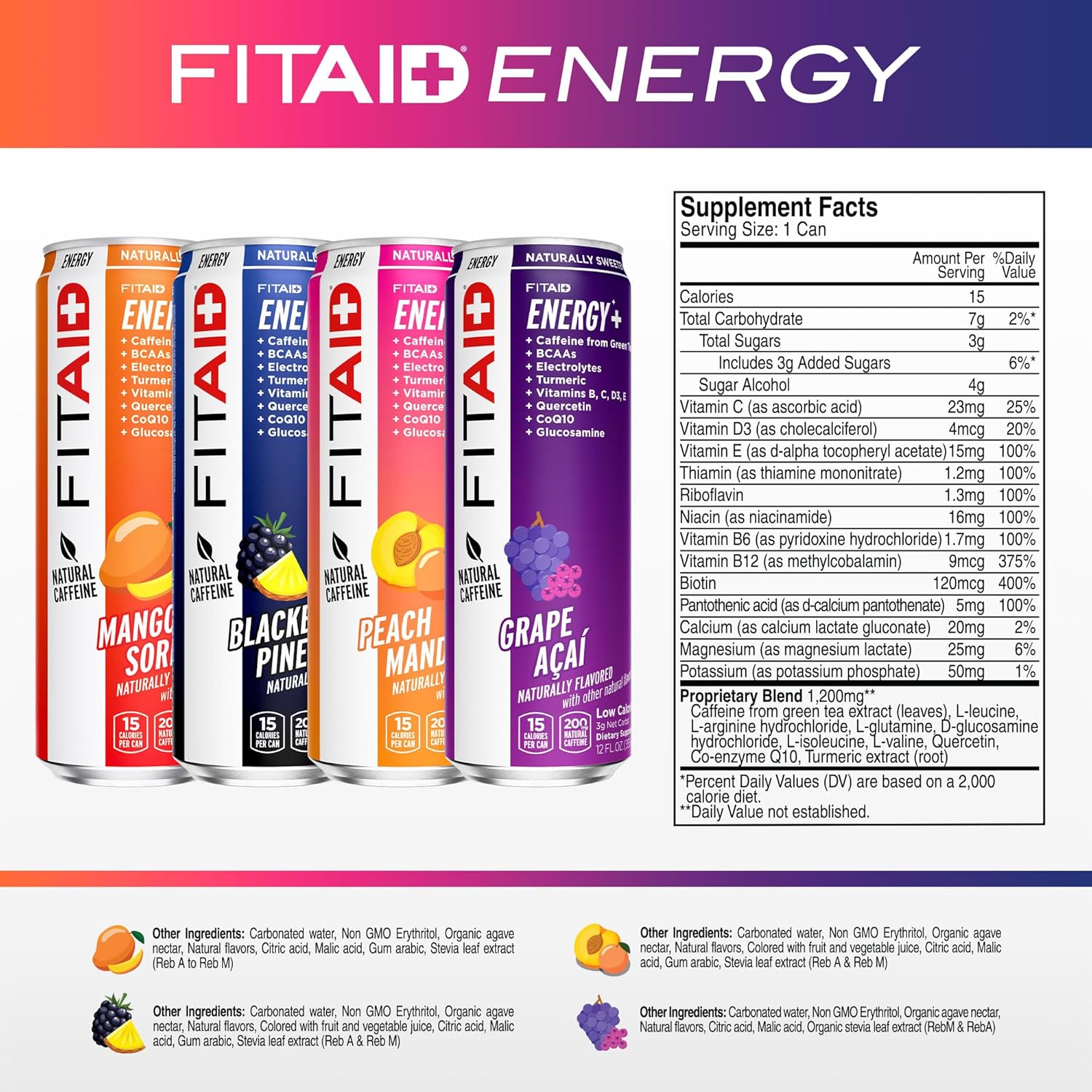 LIFEAID FITAID Energy Drink, 200mg Natural Caffeine, Keto, 15 Calories, Variety Pack, BCAAs, Quercetin, Electrolytes, Omega-3s, Paleo, Vegan & Gluten-Free, 12-oz. cans (Pack of 24)
