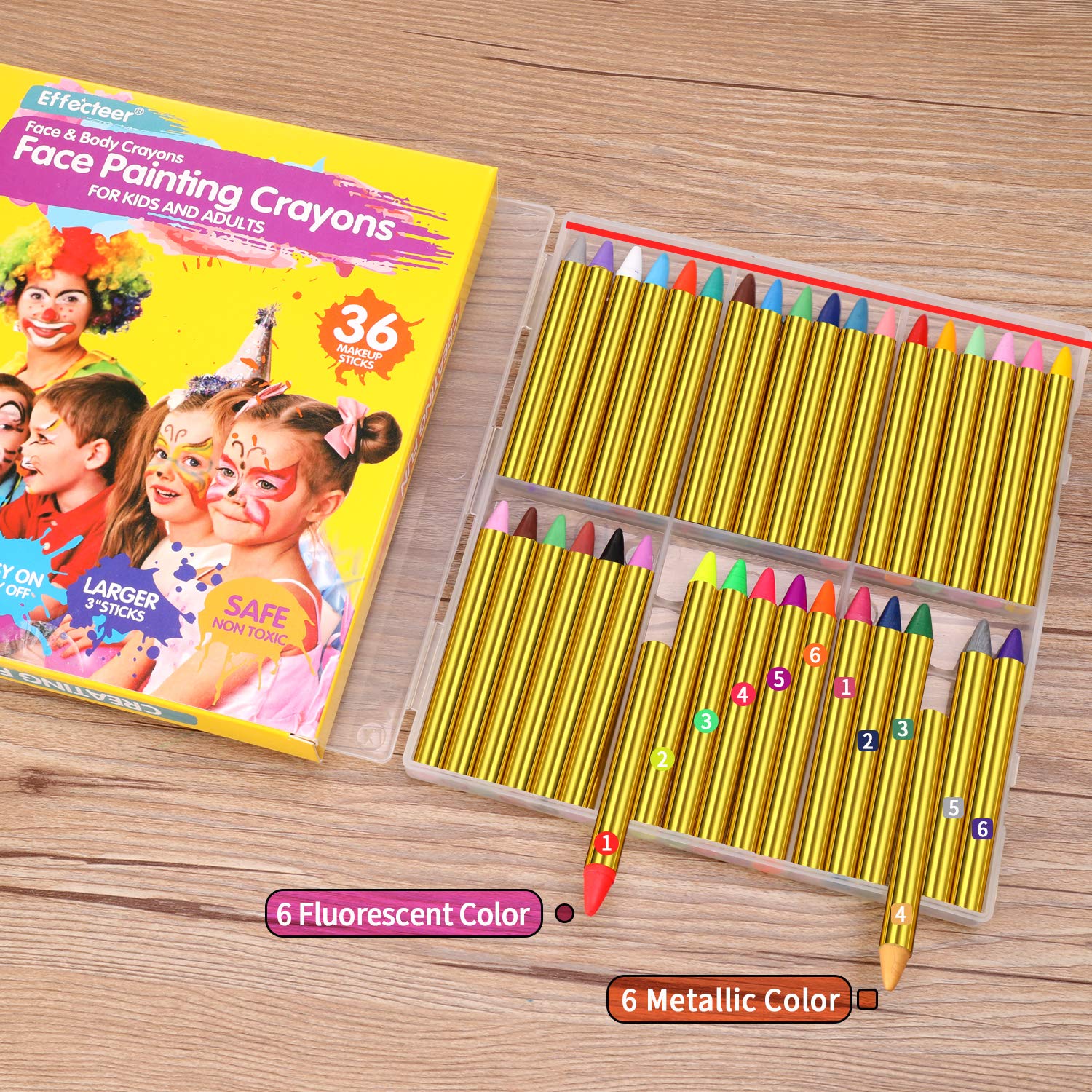 Face Paint Crayons for Kids, 36 Makeup Sticks & 36 Stencils, Professtional Face Painting kit for Halloween or Birthday Party, 6 Fluorescent, 6 Metallic & 24 Classic Colors, Safe for Sensitive Skin - Image 6