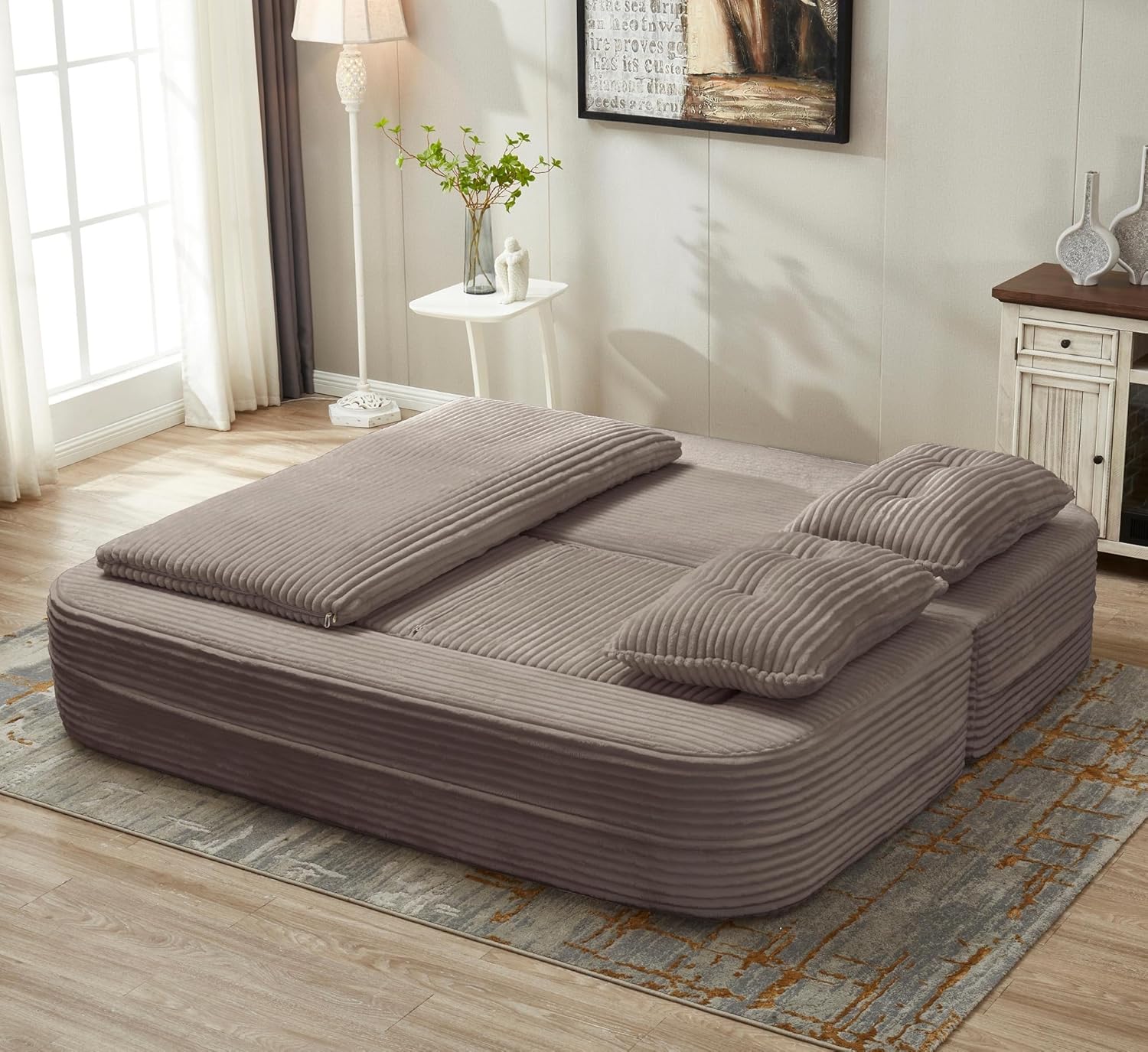 Sleeper Sofa with Chaise Lounge, Convertible Sectional Couch Bed, Plush Corduroy 3-Seat Sofa with Blanket, Deep Seat King Size Sleeper for Small Apartment, No Assembly Required (Coffee)