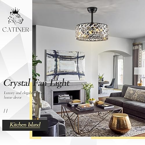 Miniatura 3 de Ventilador de techo con jaula moderno con luz, candelabro de cristal con control remoto, ventilador de techo negro de 18" de montaje empotrado,