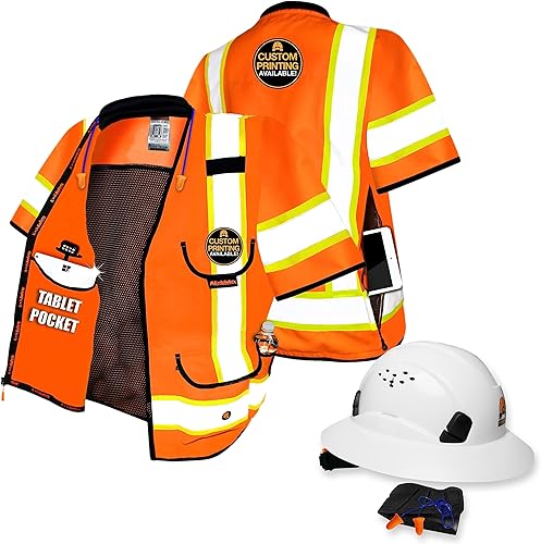 KwikSafety Chaleco de seguridad Godfather Class 3 naranja, XL + paquete de casco duro de ala completa TORTOISE