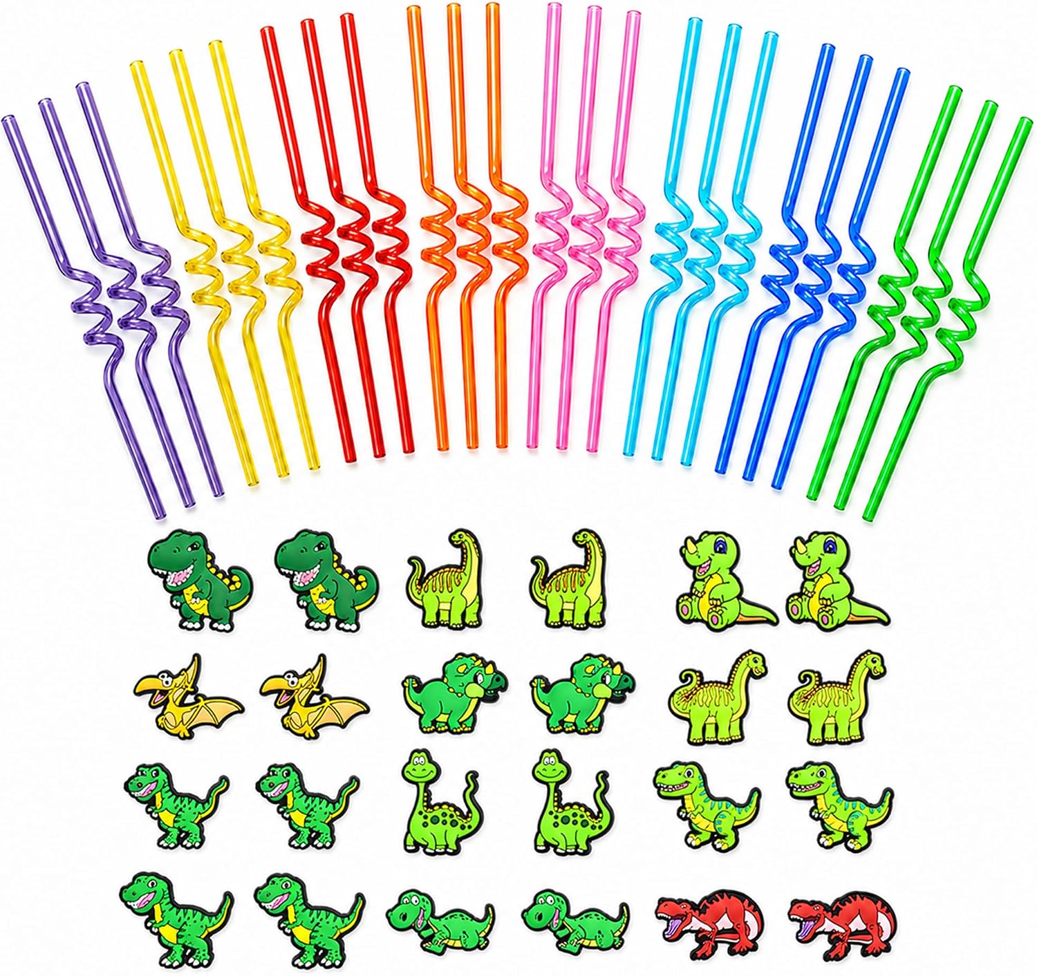 24 PCS Dinosaur Theme Party Straws, Colorful Drinking Straws with Dinosaur Decorations, Party Drink Accessories for Birthday Celebrations, Gatherings and Special Events (Dinosaur Theme)