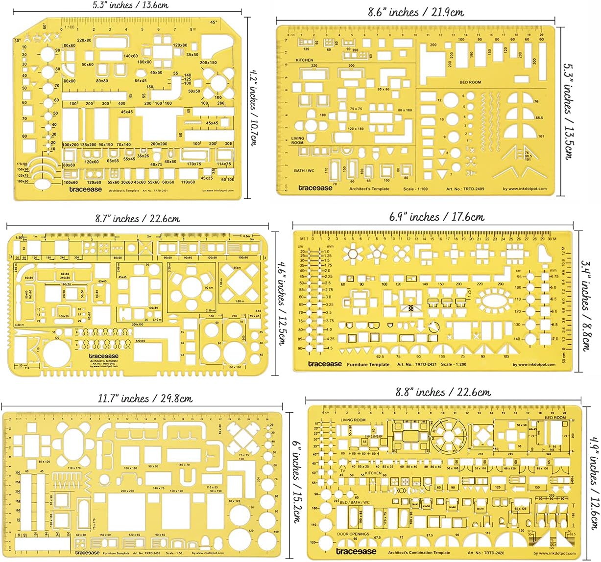 Traceease 6 Pieces, House Plan- Interior Design & Furniture Templates for Kitchen/Bed/Bath- Drafting Tools- Architecture Stencils