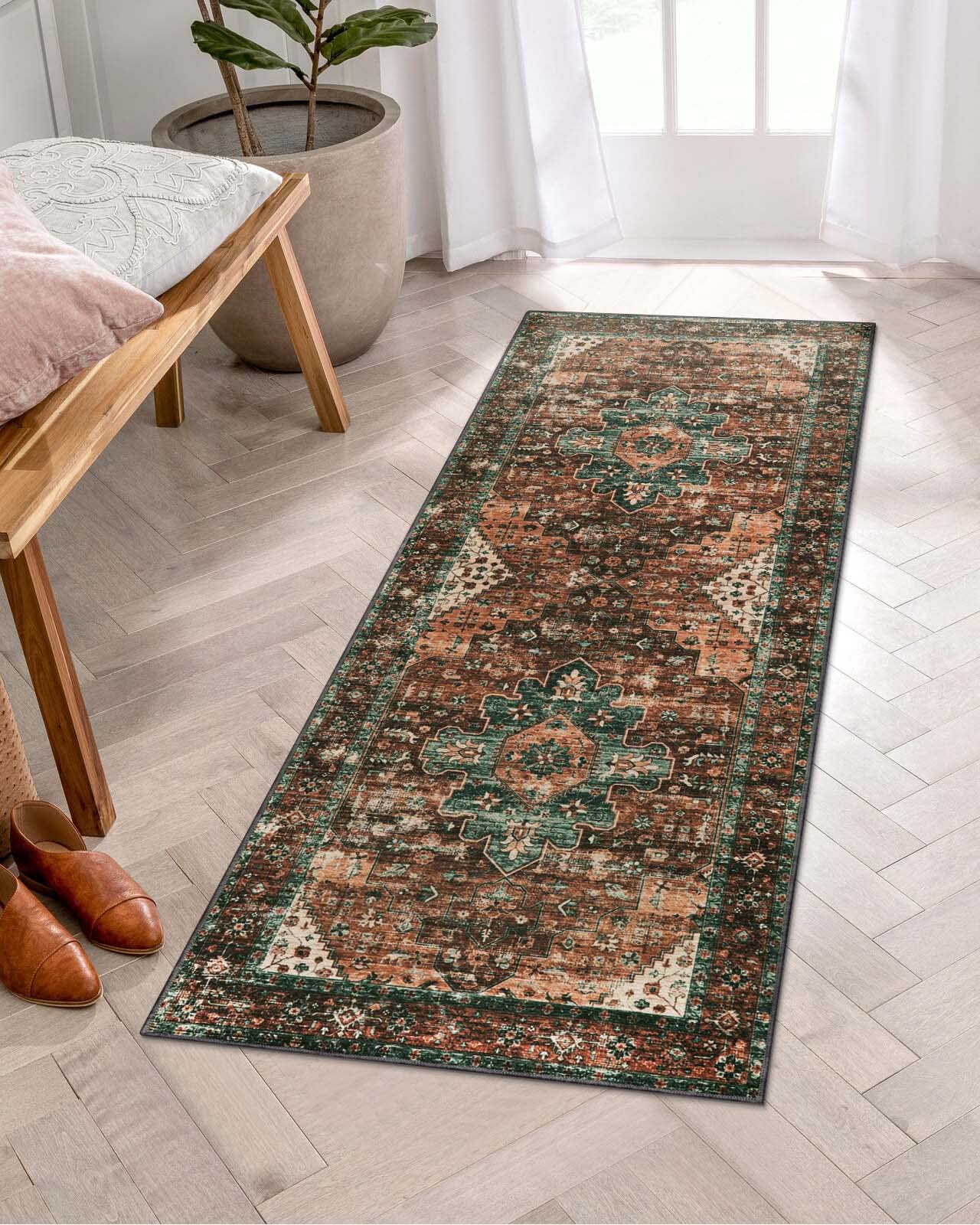 Moynesa Ultra-Thin Washable Runner Rug - 2x5 Laundry Room Low Pile Hallway Runner, Non Slip Shedding Pet Friendly Indoor Floor Carpet for Bathroom Bedside, Brick Red/Dull Teal (GZ-DNRDD-CJH2x5) — image 1
