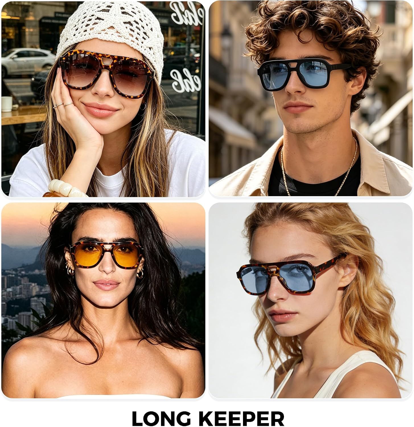 Long Keeper Retro Pilot Sunglasses Double Bridge Women Men Aviation Square Sun Glasses Thick Frame 70s Vintage Shades UV400