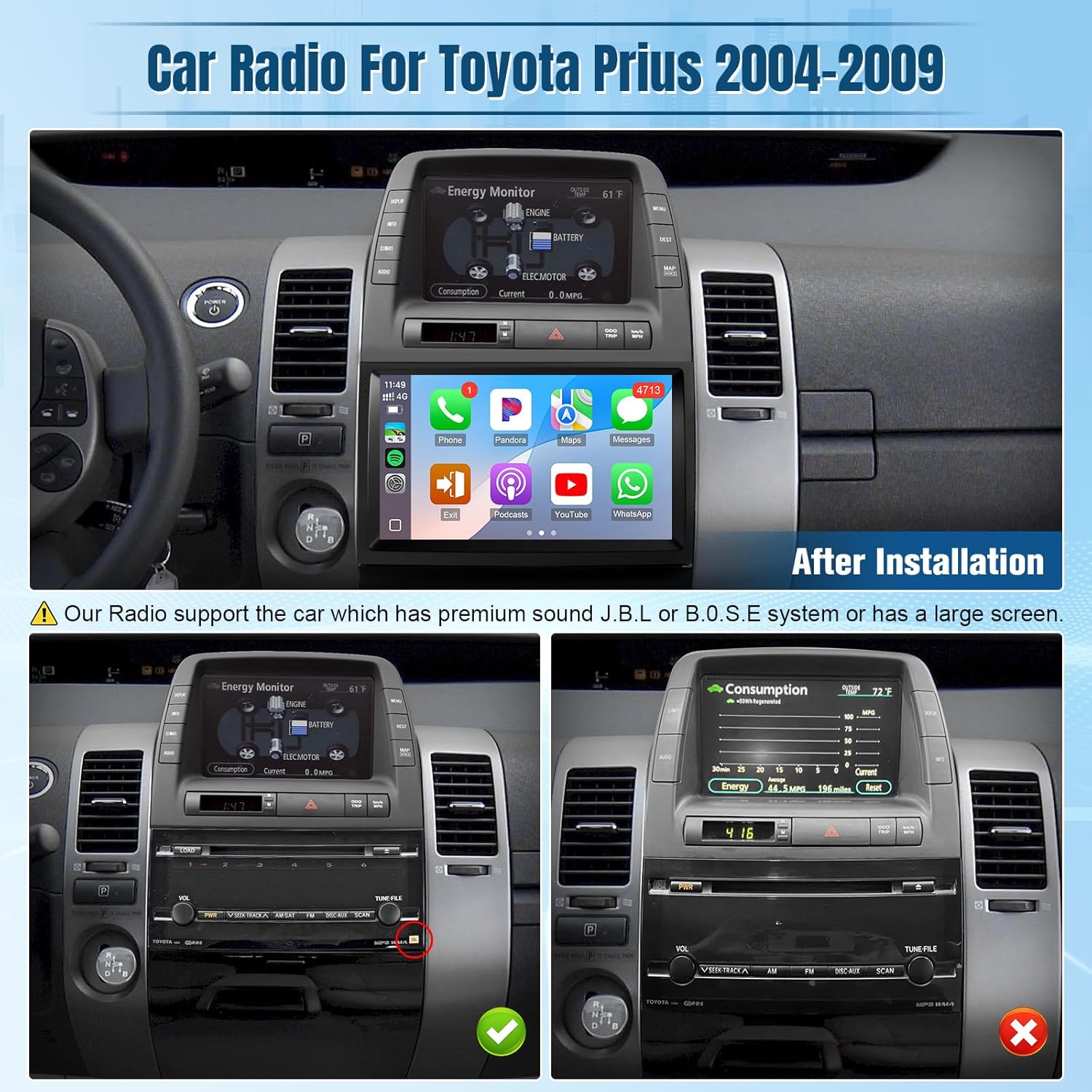 Comparison of Toyota Prius dashboard with and without JBL sound system or large screen, indicating compatibility for Model B.