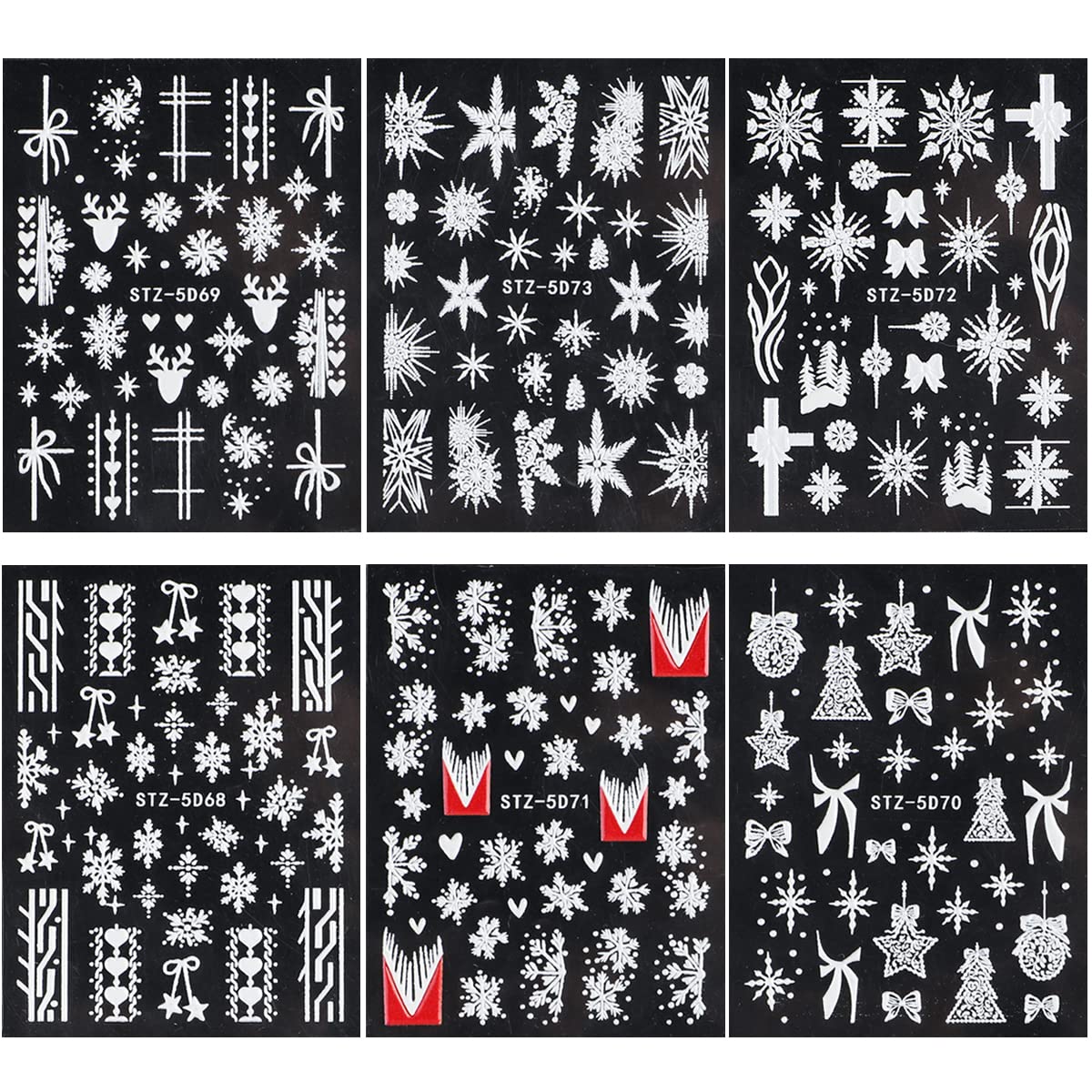 6 Sheets Christmas Snowflake Nail Art Sticker Decals Winter Nail Supplies 5D Self-Adhesive Nail Stickers White Snowflakes for Acrylic Nails with Xmas Tree Star Elk Ball Ribbon Design Manicure Slide