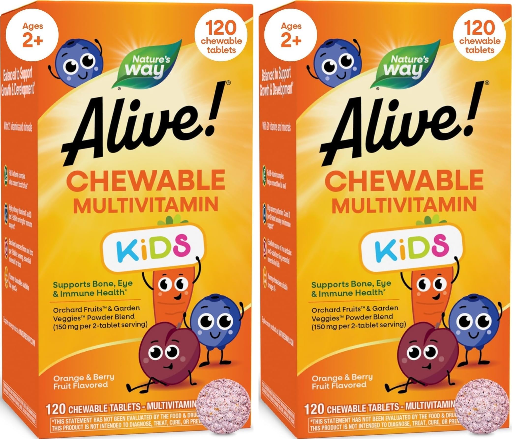 Nature's Way Alive! Children Chewable Multivitamin, Kids Multivitamin with Orchard Fruits & Garden Veggies Powder Blend, Daily Kids Vitamins, Nutritional Support, Cherry Flavor, 120 Count (Pack of 2)