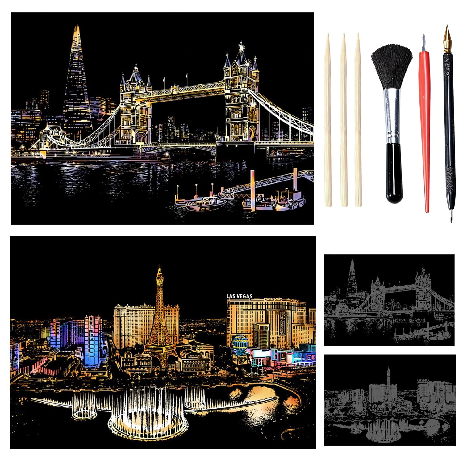 HIVTE 2 Pcs Scratch Art for Adults & Kids, DIY City Series Foil Engraving Crafts with Tools (A3-City Night View)