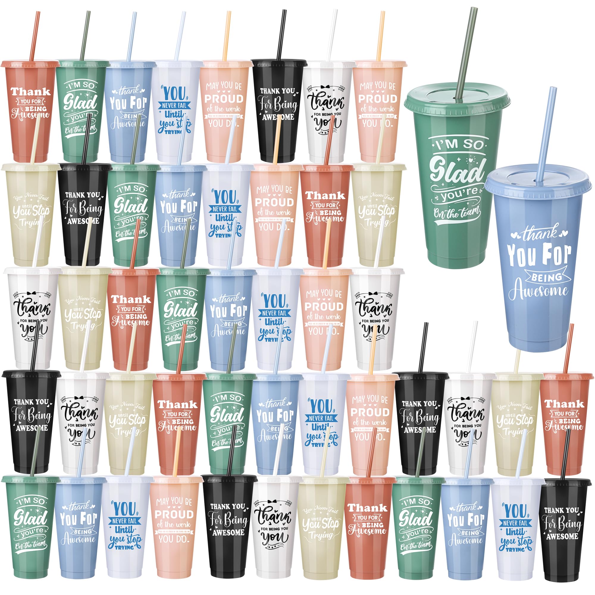 Kochorie 48 Pieces Thank You Cups 24 Oz Inspirational Plastic Tumbler Cup with Lids and Straws Reusable Appreciation Gift Bulk Thank You Gifts for Staff Coworker Teacher Employee, Neutral