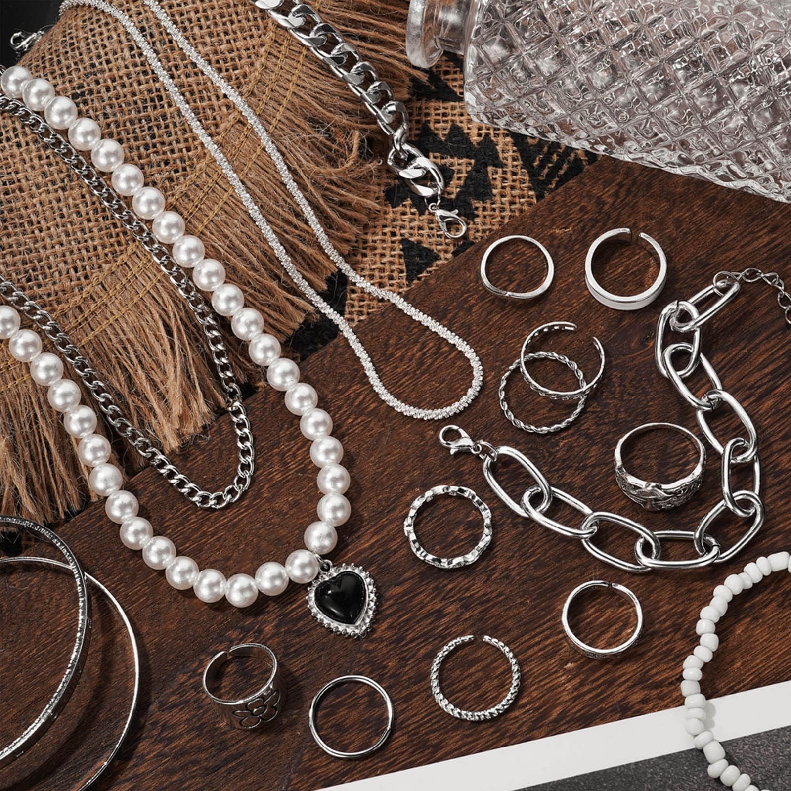 36 Stück Silberplattiertes Schmuckset mit 3 Halsketten, 12 Armbändern, 7 Ohrläppchen Ohrringen, 14 Knöchelringen für Frauen und Mädchen als Geschenk für Valentinstag, Jahrestag,