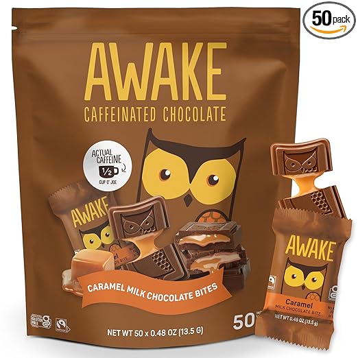 AWAKE - Caffeinated Chocolate Bites - Caramel Milk Chocolate, 50 Bites - 50mg Caffeine - Individually Wrapped Energy Bites - Coffee Alternative - Fairtrade, Gluten Free, Non GMO - 0.48oz