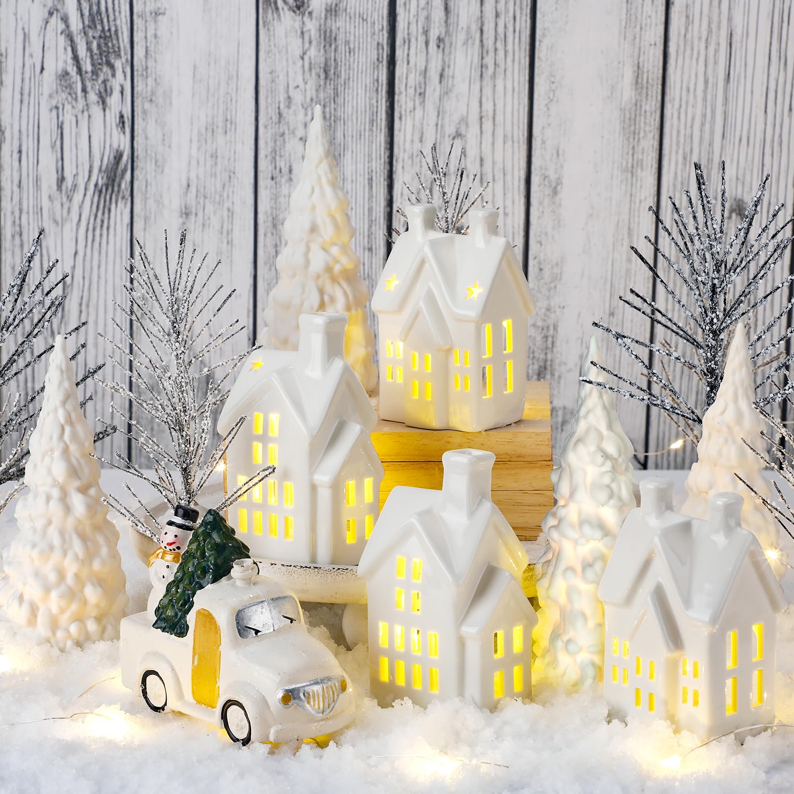 17 Pcs Ceramic White Christmas Village Set