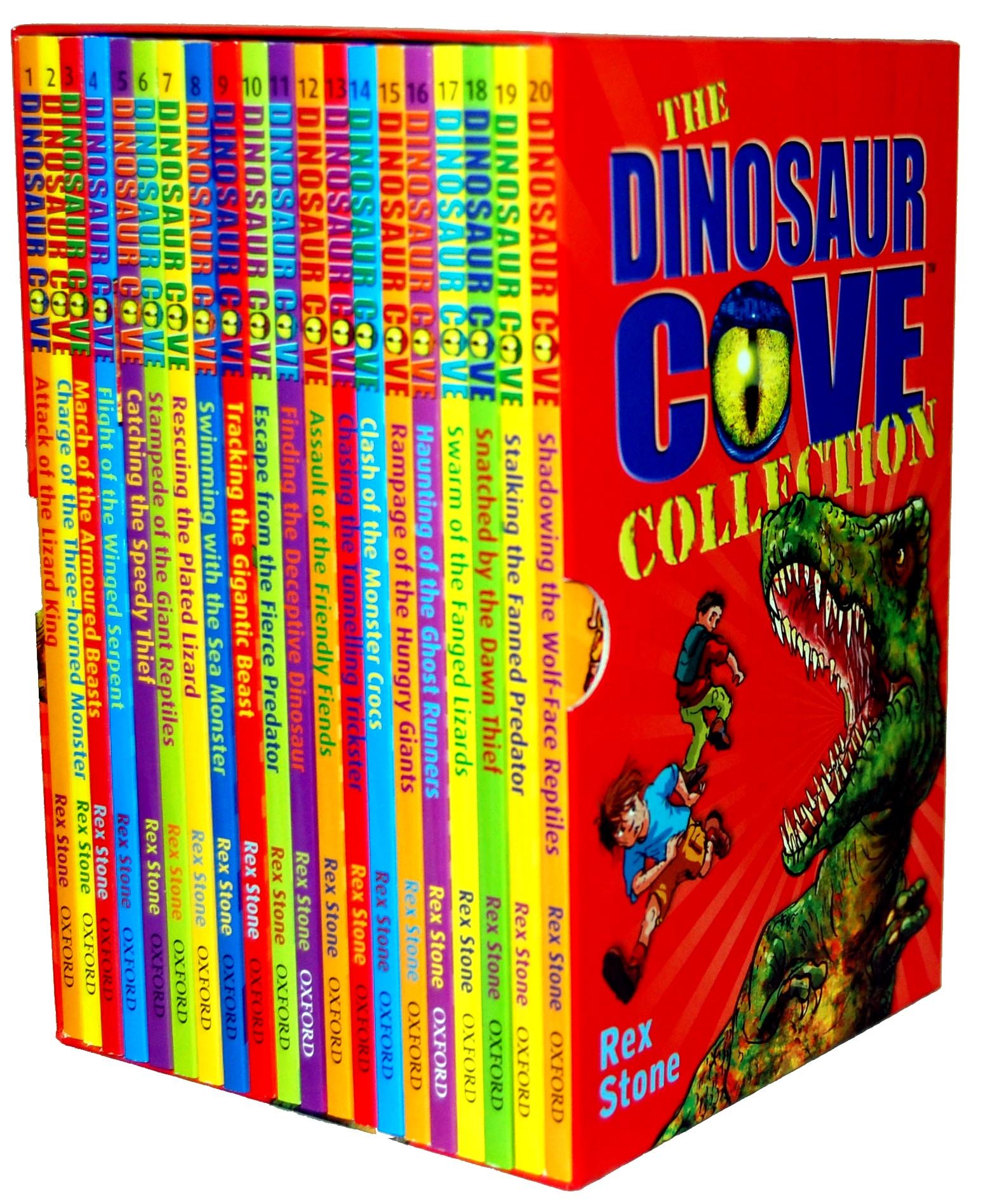 Dinosaur Cove Collection 20 Books Box Gift Set Pack by Rex Stone RRP: £99.80 (Finding the Deceptive , Assault of the Friendly Fiends, Chasing the Tunnelling Trickster, Clash of the Monster Crocs, Rampage of the Hungry Giants, Haunting of the Ghost Runners, Stalking the Fanned Predator, Shadowing the Wolf-Face Reptiles, Swarm of the Fanged Lizards, Snatched By the Dawn Thief, Attack of the Lizard King, Charge of the Three-Horned Monster, March of the Armoured Beasts, Flight of the Winged Serpent, Catching the Speedy Thief, Stampede of the Giant Reptiles, Rescuing the Plated Lizard, Swimming with the Sea Monster, Tracking the Gigantic Beast, Escape from the Fierce Predator) Paperback