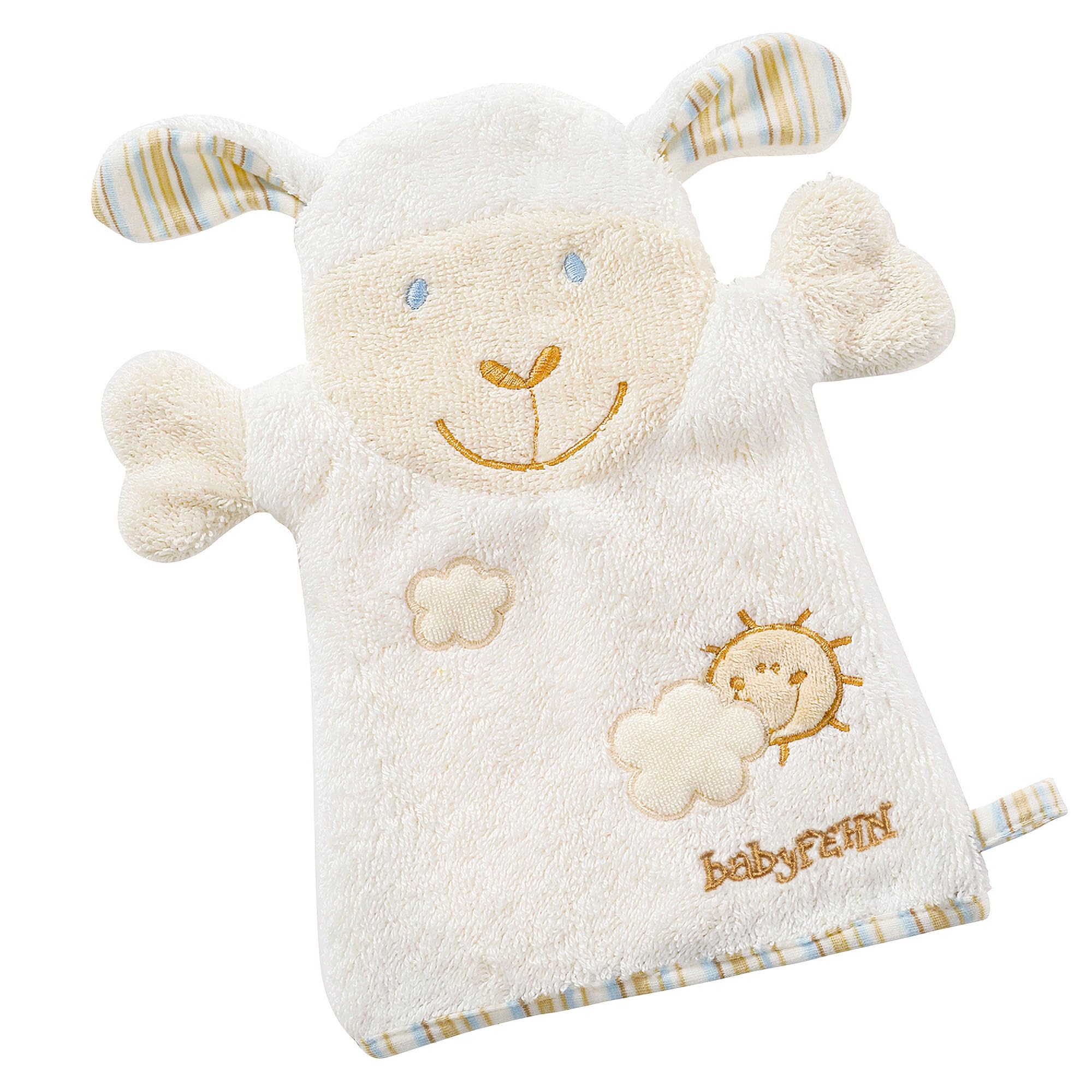Fehn 397482 Waschhandschuh Schaf/Waschlappen mit Tiermotiv für fröhlichen Badespaß, für Babys und Kinder ab 0+ Monaten