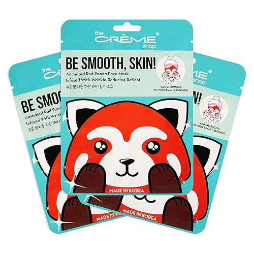The Crème Shop Mascarilla facial con panda rojo animado Be Smooth, Skin! Máscara facial de retinol, máscara de hoja de belleza K, paquete de 3