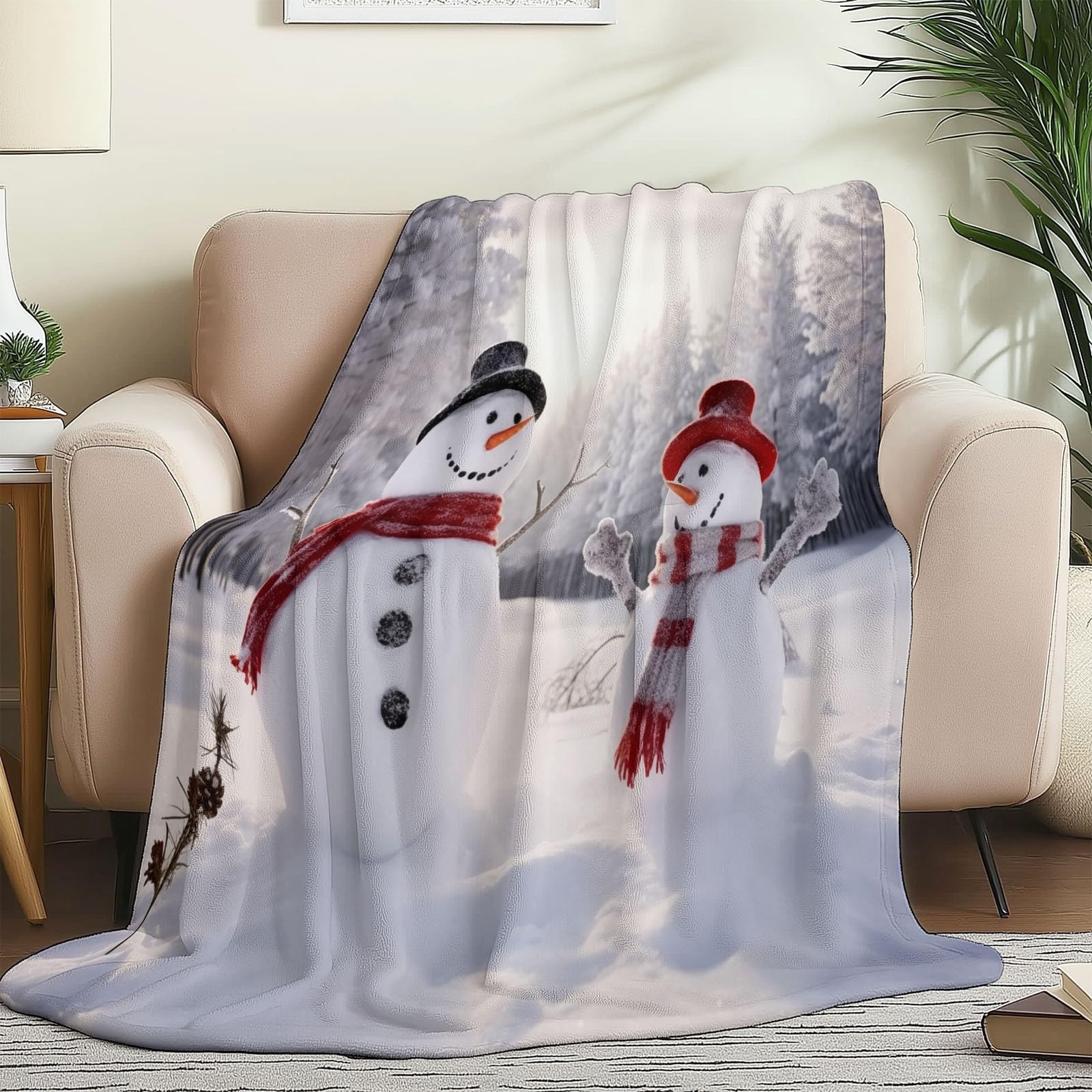 Narzuta flanelowa, zima, las, bałwanek, miękki, ciepły, koc polarowy typu sherpa w rozmiarze king size, szary, przytulny koc jesienny, 180 x 220 cm, na sofę, łóżko, kanapę, kemping, do sypialni