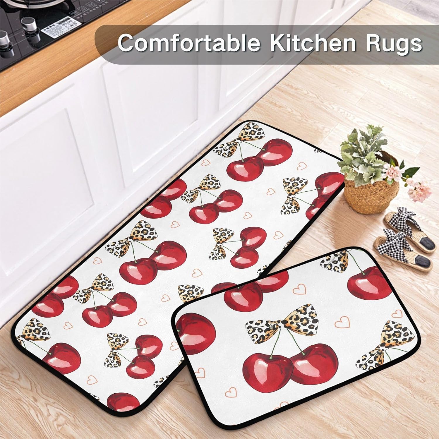 Bow Cherry Leopard Print Kitchen Rugs and Mats 2 Pieces Anti Fatigue Kitchen Mat Set Non Slip Bath Mat Entry Floor Carpet Door Mat Runner 20"x28"+20"x47"