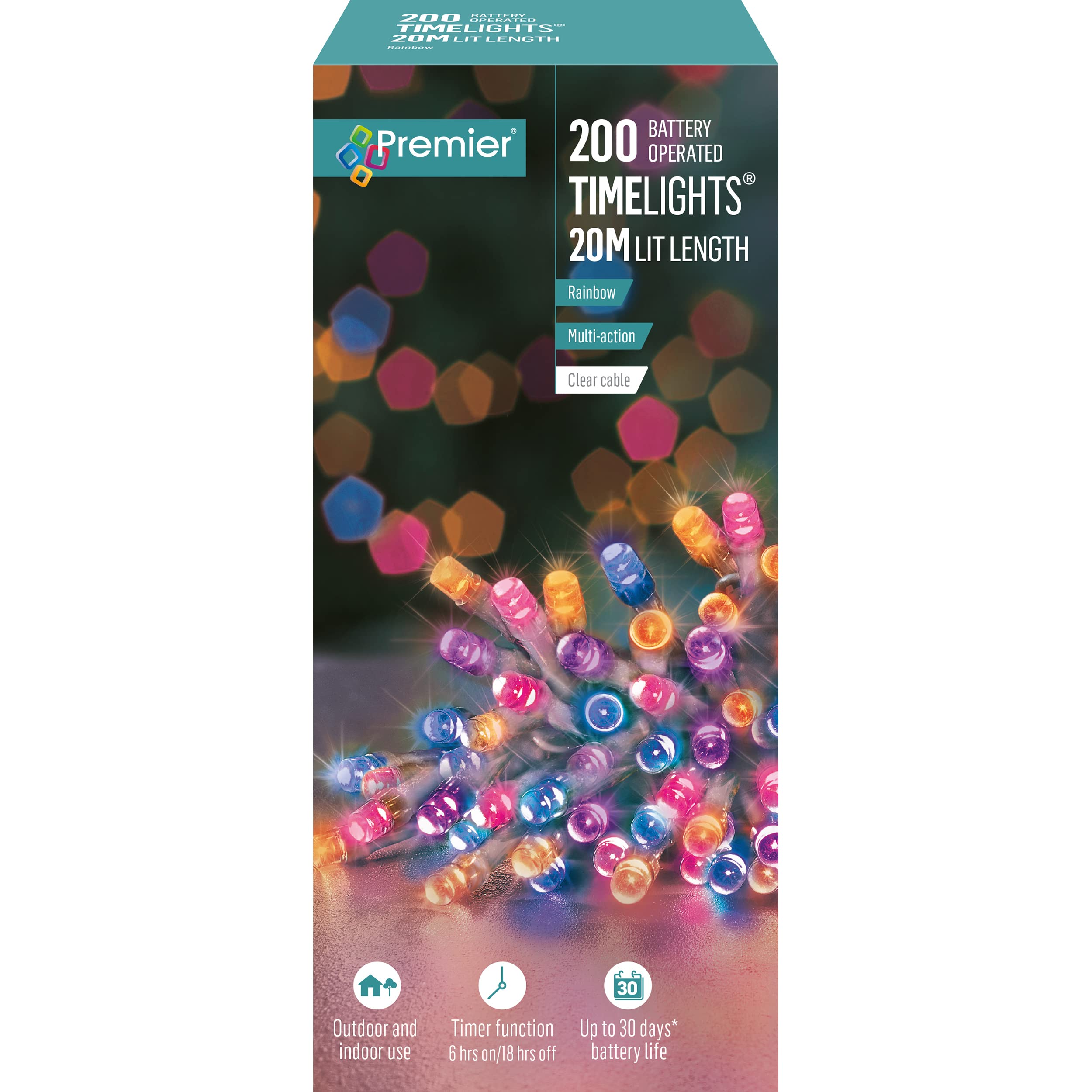 Premier White 200 Timelights Battery Operated 20M Clear Cable Multi Action String Lights - Rainbow