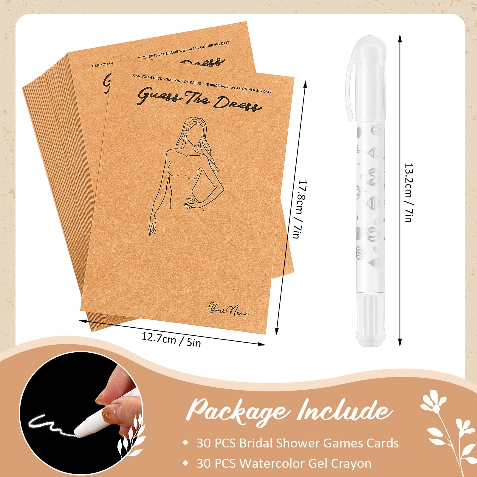 Geyoga 30 Set Guess The Dress Bridal Shower Games for Guests, Include 30 Pcs 5 x 7 Inch Wedding Shower Games Cards and 30 Pcs Watercolor Gel Crayons Fun Wedding Party Favors Decorations(Brown)