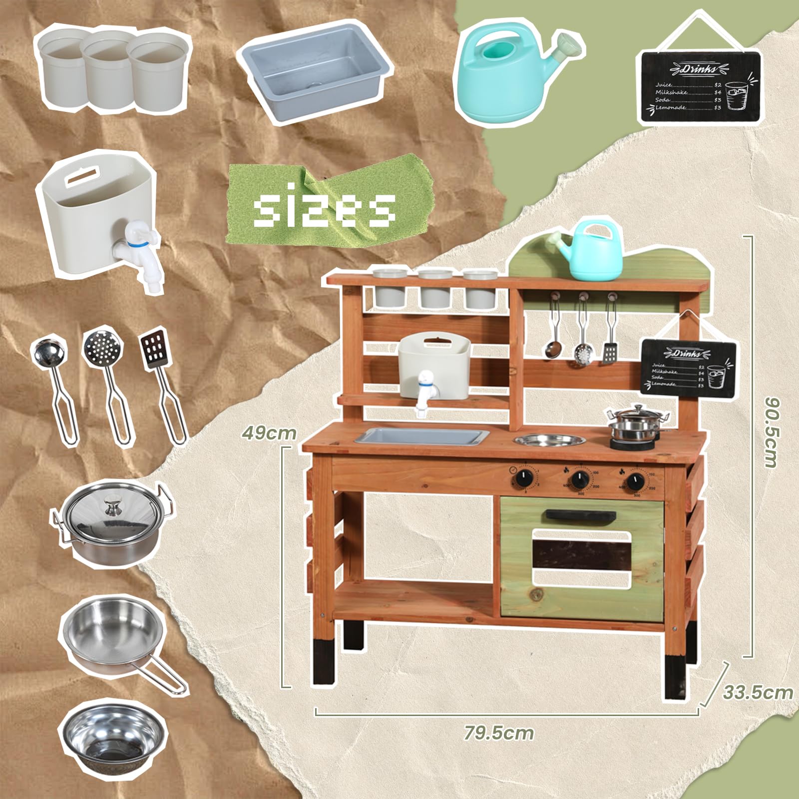 WoodenFun Cocina de juego para exteriores, cocina de jardín, cocina de barro para niños, con pizarra, hervidor de agua, fregadero, recipiente para plantas de madera, cocina infantil (verde)