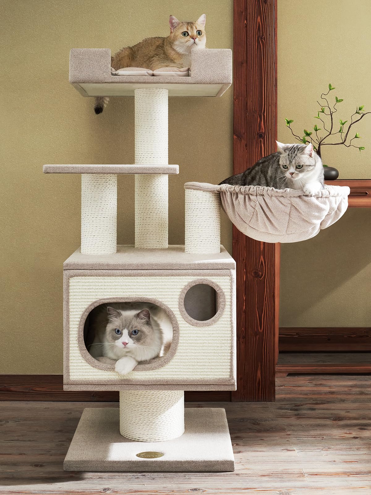 SOPAPETS High-End Large Cat Tree Tower, Premium Birch Wood Made, Scratching Posts, Cat Condo with Scratching Posts, Removable Soft Cusion Bed, Cat Nest, Super Stable (48x48x123cm) (White)
