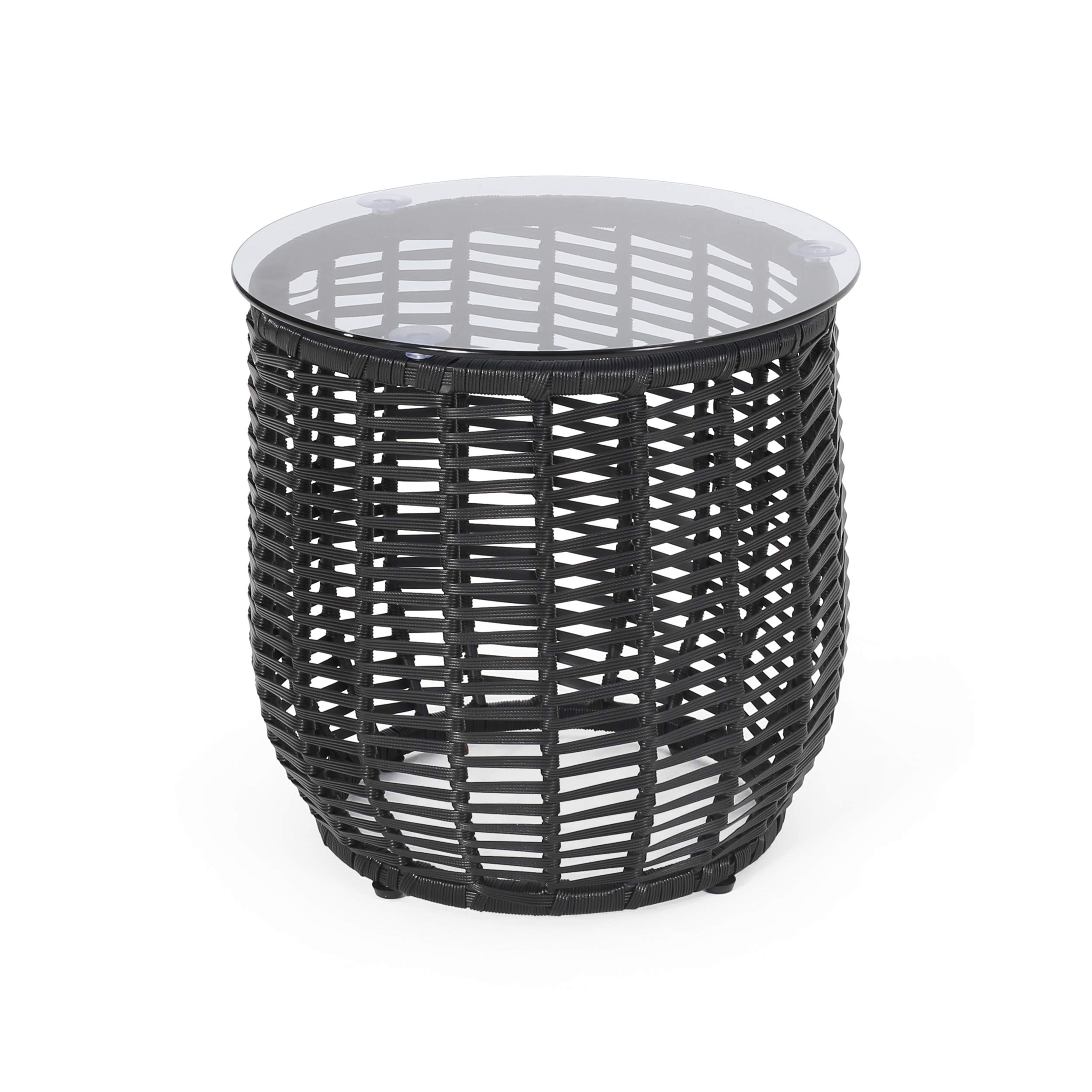 GDF Studio Vivien Wicker Side Table with Tempered Glass Top, Black (311369)