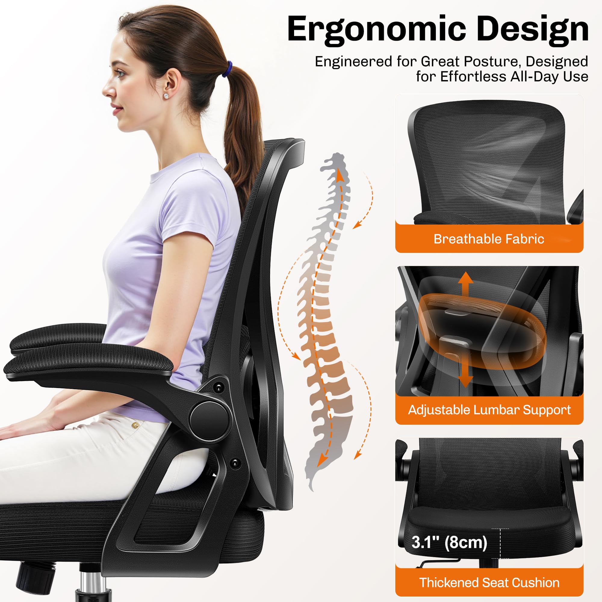 Office Chair, Ergonomic Home Computer Desk Chairs, Comfy Breathable Mesh Chair with Adjustable Lumbar Support Flip-up Armrests, Executive Task Chair with High Back for Home Office Rolling Swivel Chair