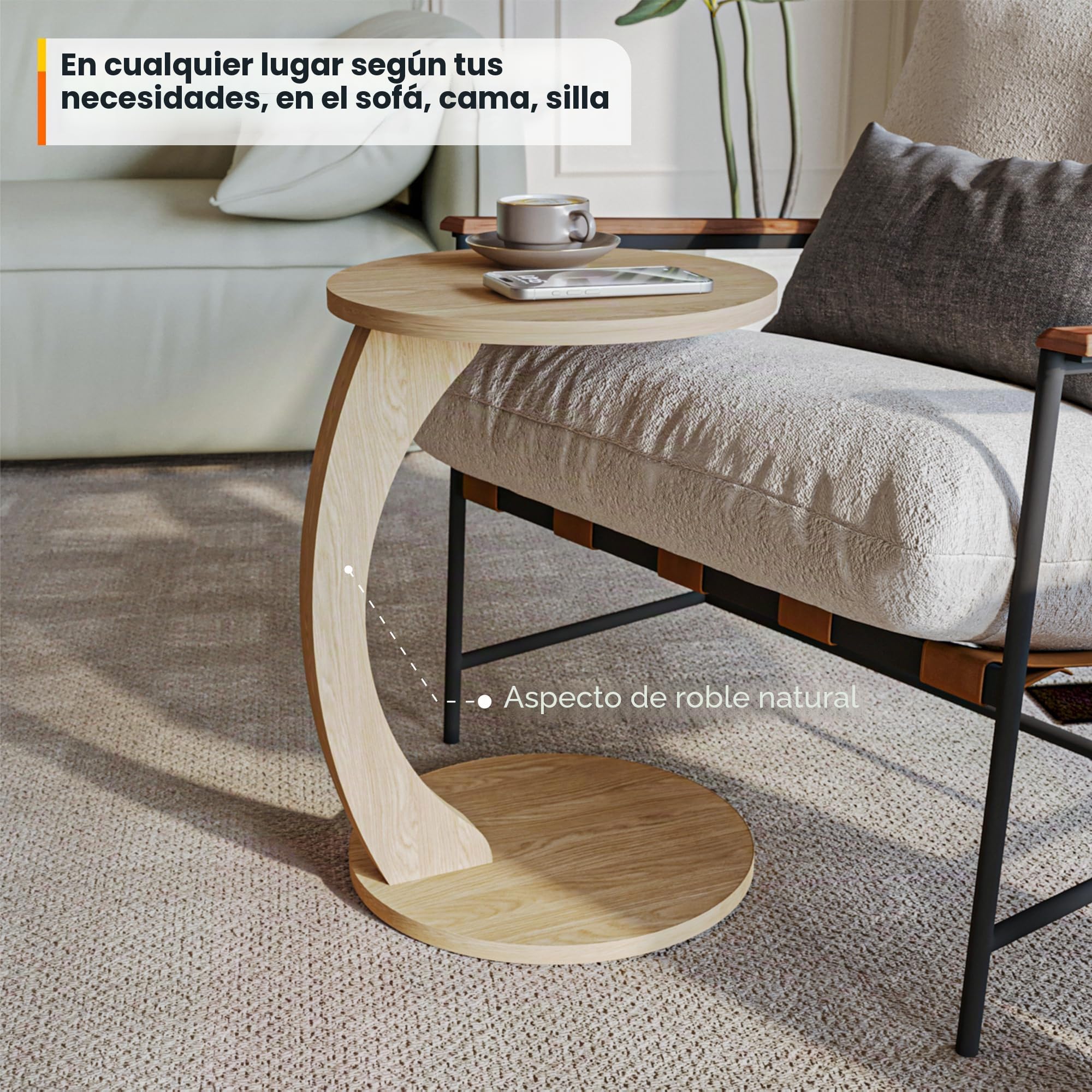 sugodesign Mesa Auxiliar con Ruedas, Pequeña Mesa de Café en Forma de C, Elegante Mesa Auxiliar en un Hermoso Efecto de Roble Natural, Mesa Redonda como Mesa de Sofá, Mesa de Sofá