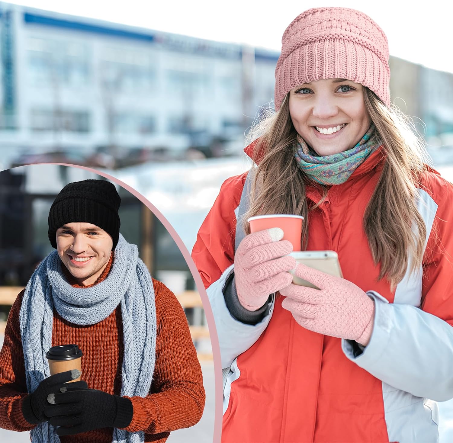 Sintege 4 Pieces Womens Satin Lined Beanie Hat Gloves Set Knit Slouchy Winter Hats Skull Cap Warm Touchscreen Gloves Set - Image 4