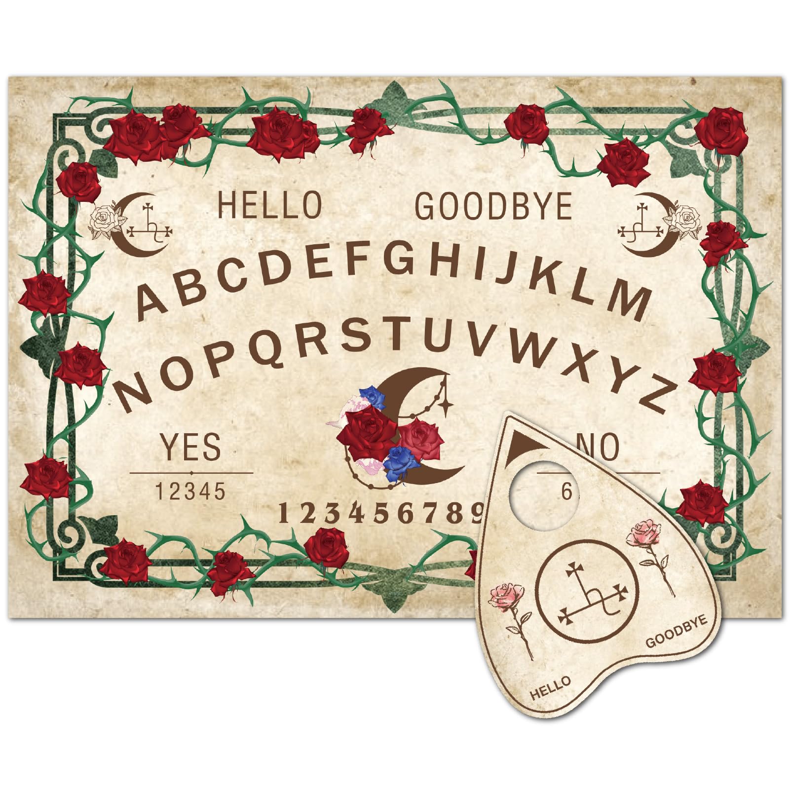 CREATCABIN Divination Board Set Wood Talking Board June Rose Flower Moon Dowsing Metaphysical Message Spirit Pendulum Set with Heart Planchette for Wicca Hunt Witch Stuff Halloween 11.8 x 8.3 Inch