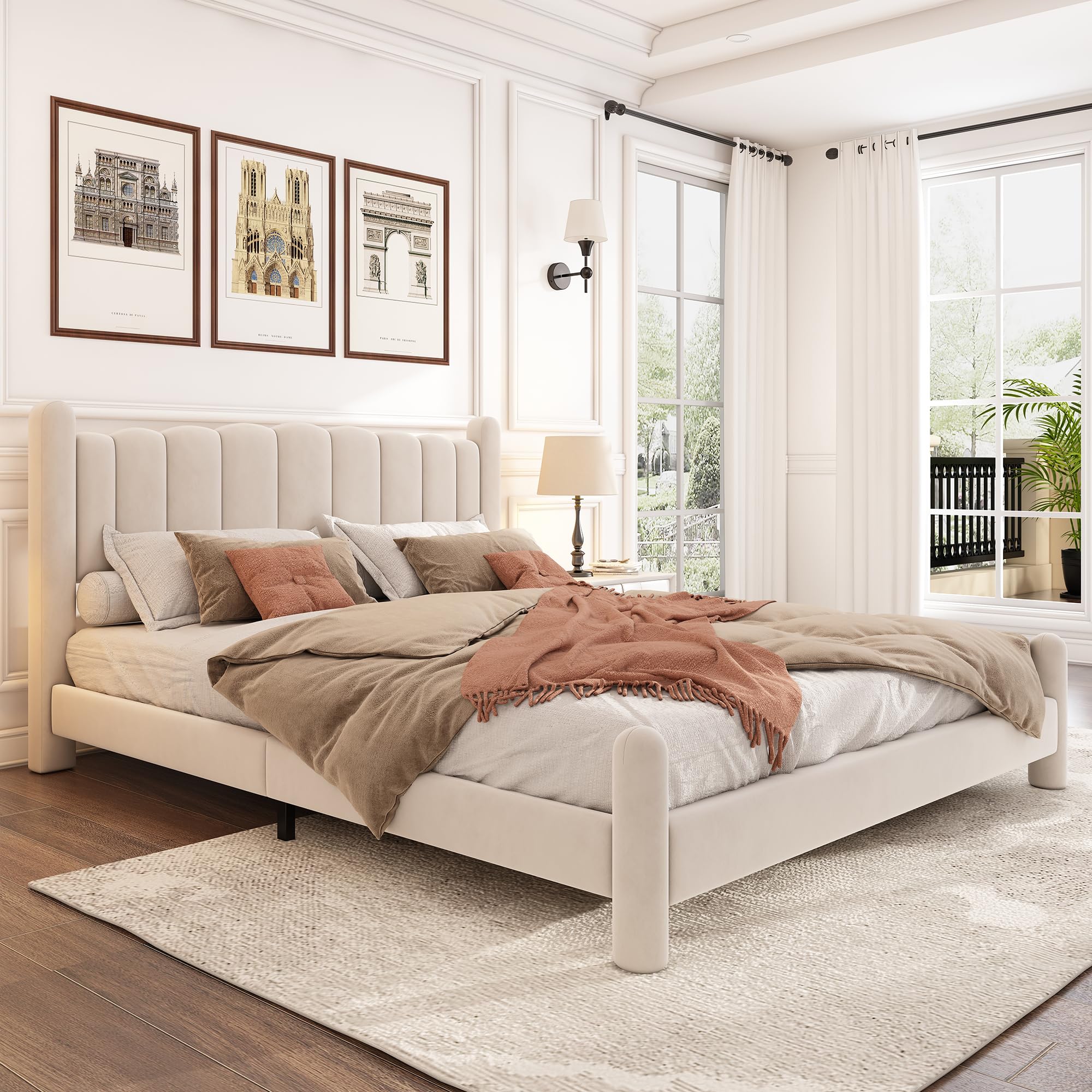 Letto imbottito 180 x 200 cm, con rete a doghe e testiera, elegante testiera a ventaglio, gambe di supporto cilindrice, velluto, beige