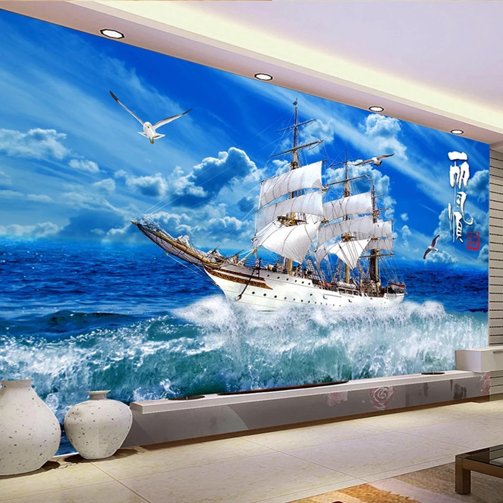 Papier peint 3D vagues et mouettes trompe-l'œil mural pour agrandir votre étude