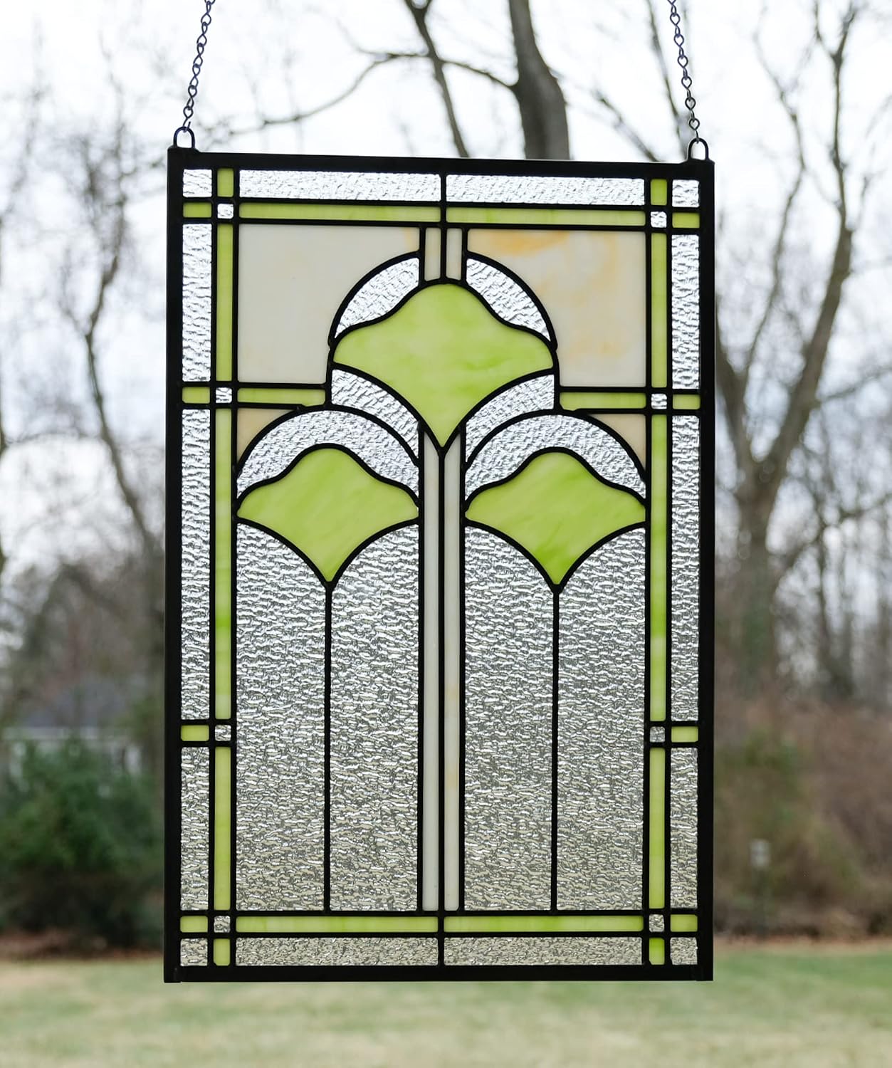 16" x 24" Handcrafted Hanging Ginkgo Style Stained Glass Window Panel