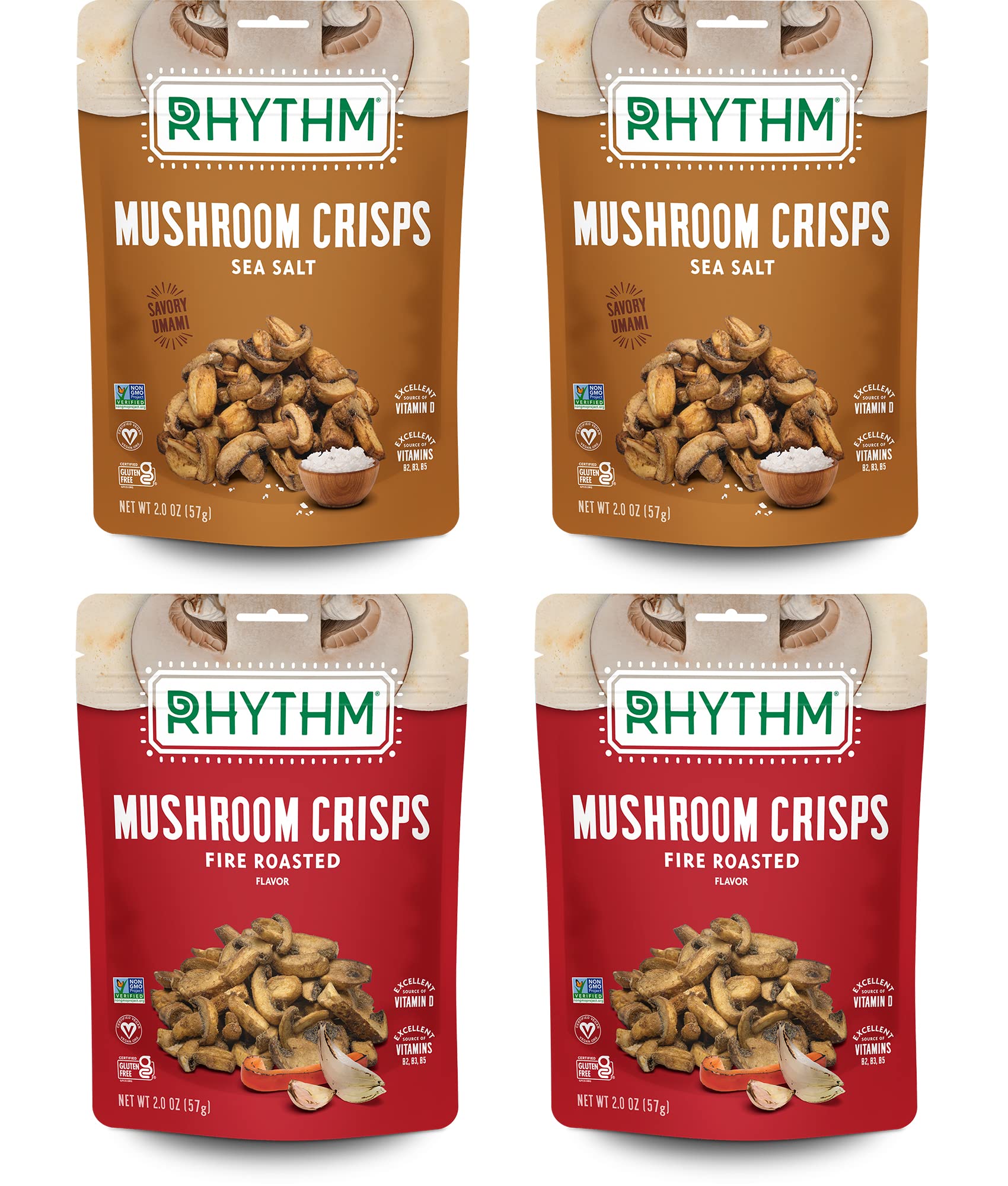 Rhythm SuperfoodsMushroom Crisps Variety Pack - Salted and Fire Roasted - Non-GMO, 2.0 Oz (Pack of 4), Vegan/Gluten-Free Superfood Snacks