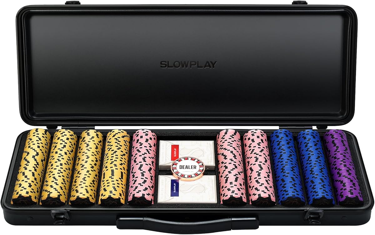 SLOWPLAY Nash 14g Clay Poker Chip Set Black Gold Edition– 500PCS Core Set for Texas Hold’em | Numbered Chips: 5, 25, 100, 500 | Premium Case with Durable German Polycarbonate Shell