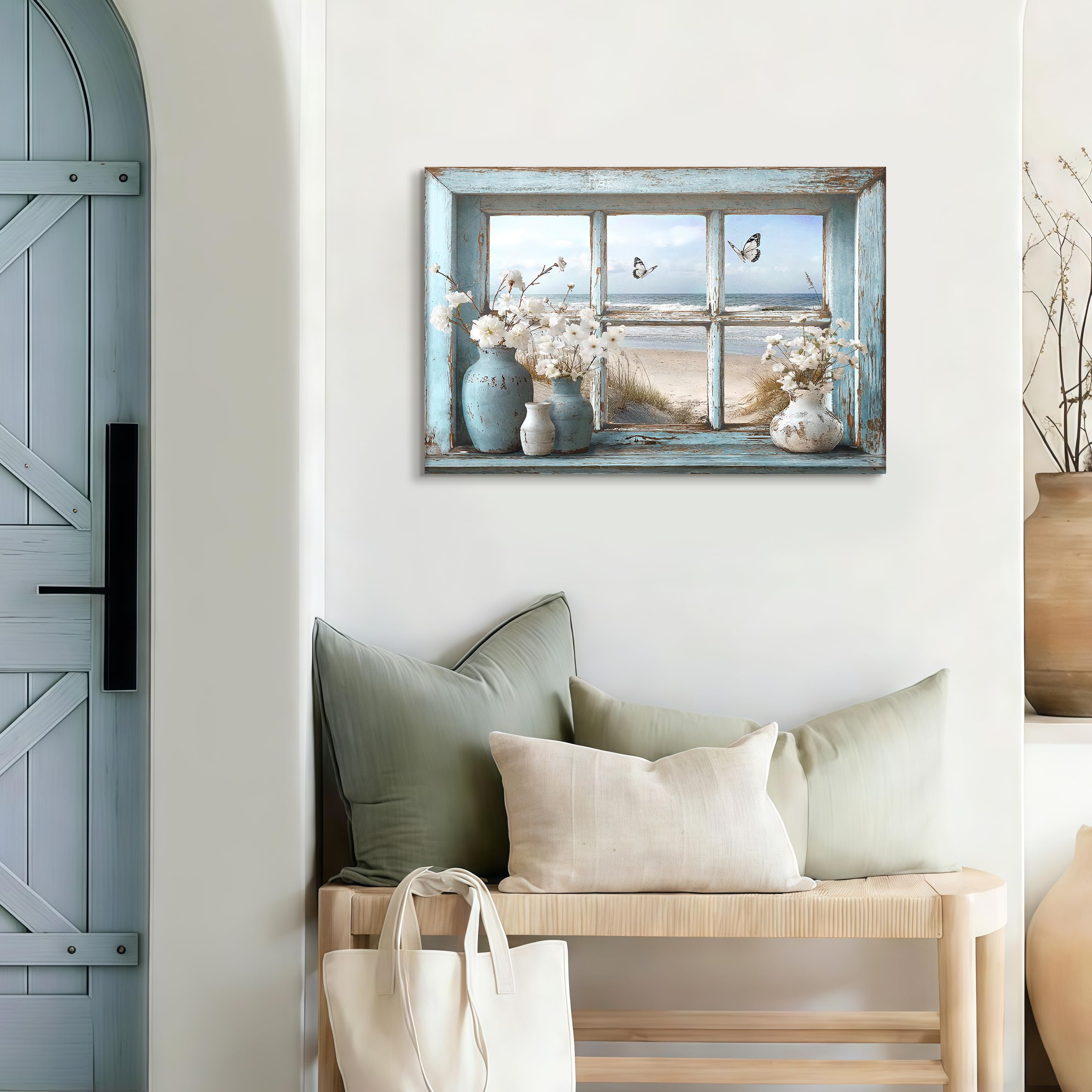 Wooden Framed Canvas Wall Art Window View Coastal Beach Painting on Canvas Prints Jasmine Flower in Vase Butterfly Poster Rustic Floral Pictures for Living Room Bedroom Hallway Wall Decor 40x60cm - Image 2