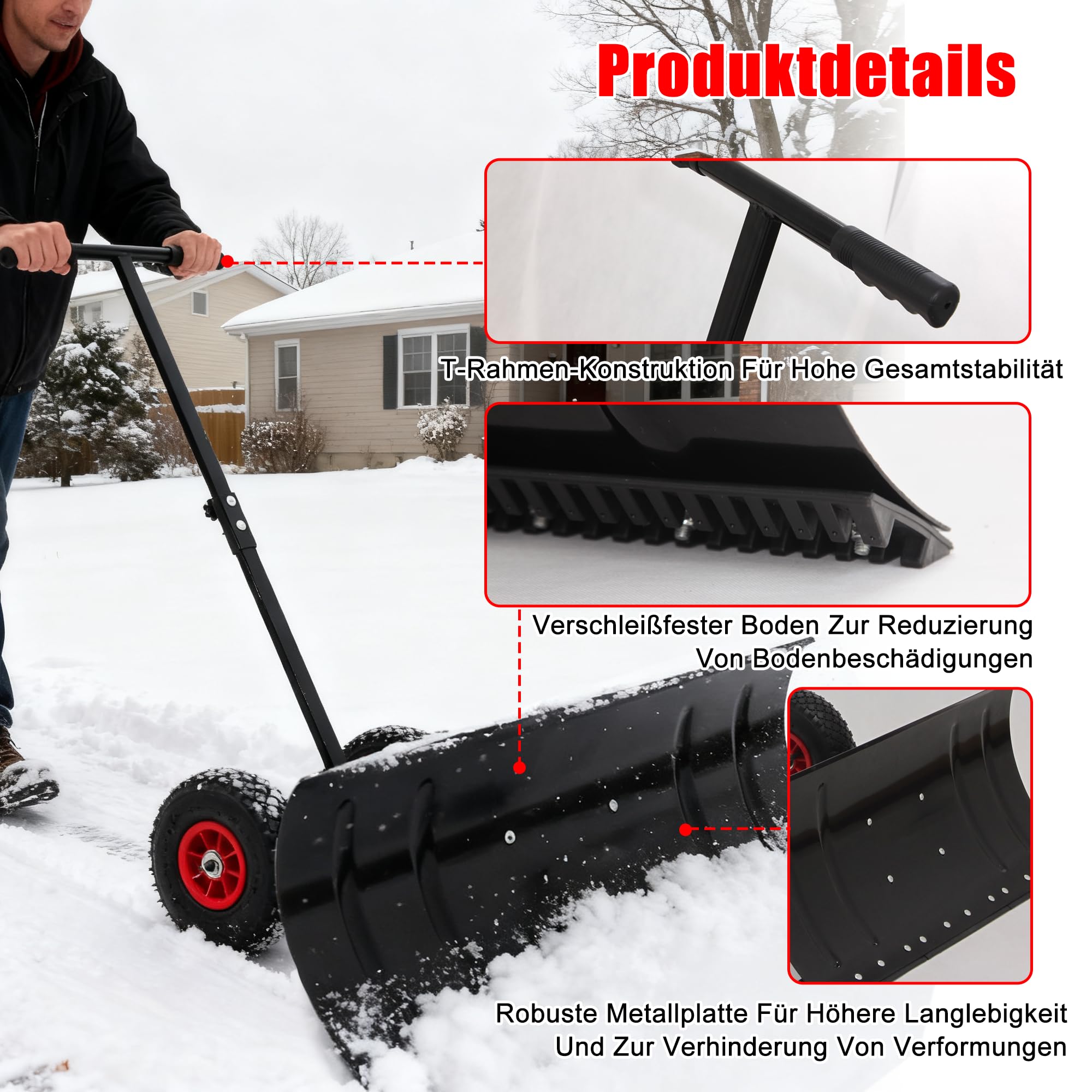 Räder-Schneeschieber 74x36cm - Rückenschonender Schneeschaufel mit 5-Fach Höhenverstellung, Klappbarer Metall-Schneeschild für Garten, Gehwege & Einfahrten