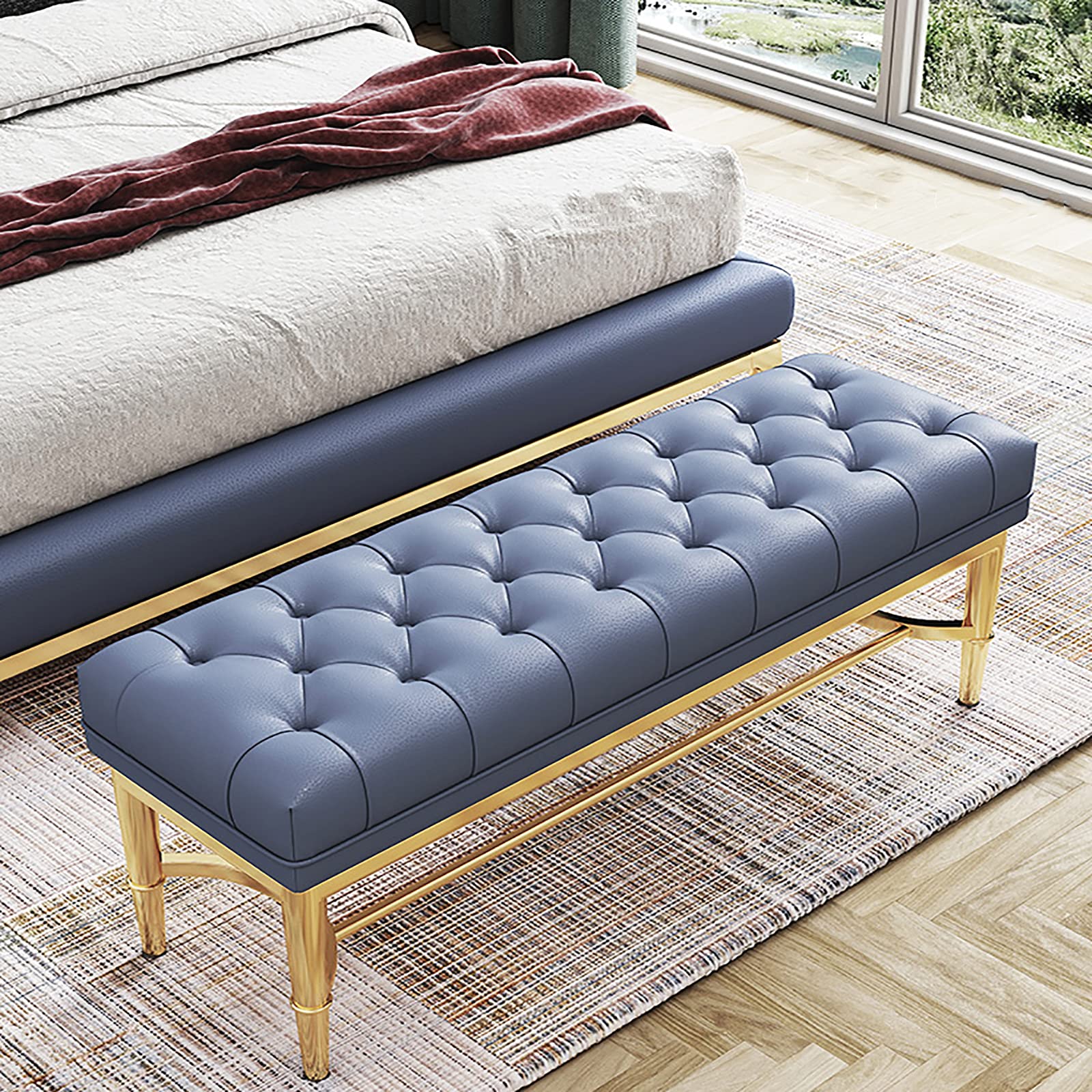 LWJSOCP Premium Leather Entryway Bench with Shoe Rack and Upholstered Seat Modern Hallway Shoe Storage in Blue 100x33x48cm