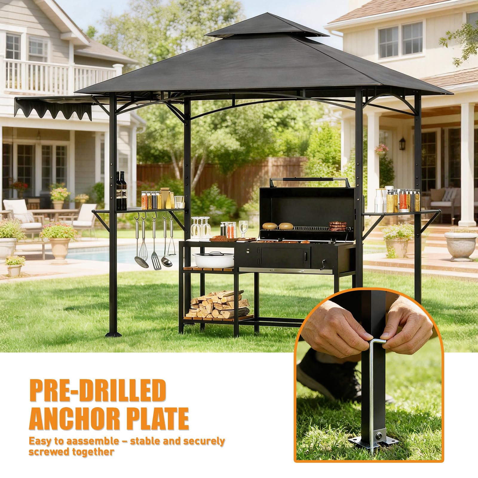 Grillpavillon wetterfest mit Seitenmarkise, Seitenregalen, Haken & Flaschenöffner, sekundenschnell aufbaubar UV-Schutz 50+, Grillunterstand für Garten, Außenbereich, Grau