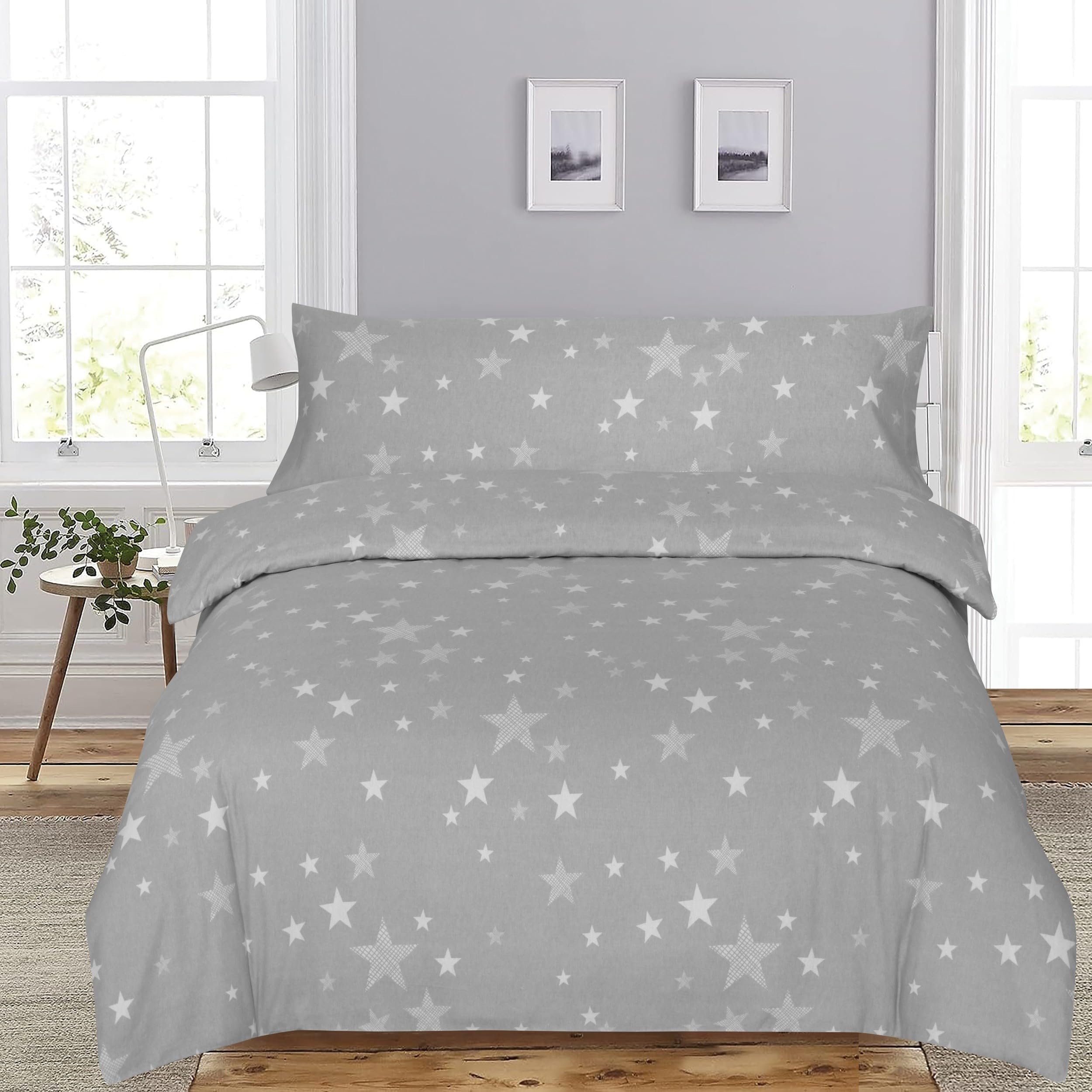 DHESTIA HOME - Funda Nórdica Franela de Invierno 100% Algodón Stars - Color Gris, Talla Cama 90