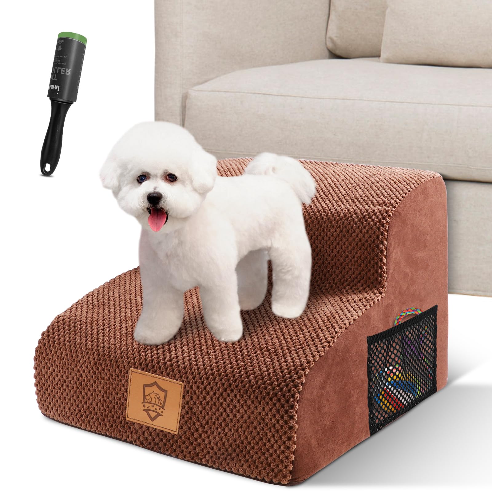 MASTERTOP Dog Steps for Bed, 2-Step Dog Steps for Sofa, High Density Foam Dogs Ramp with Washable Cover, Non-Slip Pet Stairs Ladder for Small Older Injured Dogs Cats - Brown, 40x30x40cm