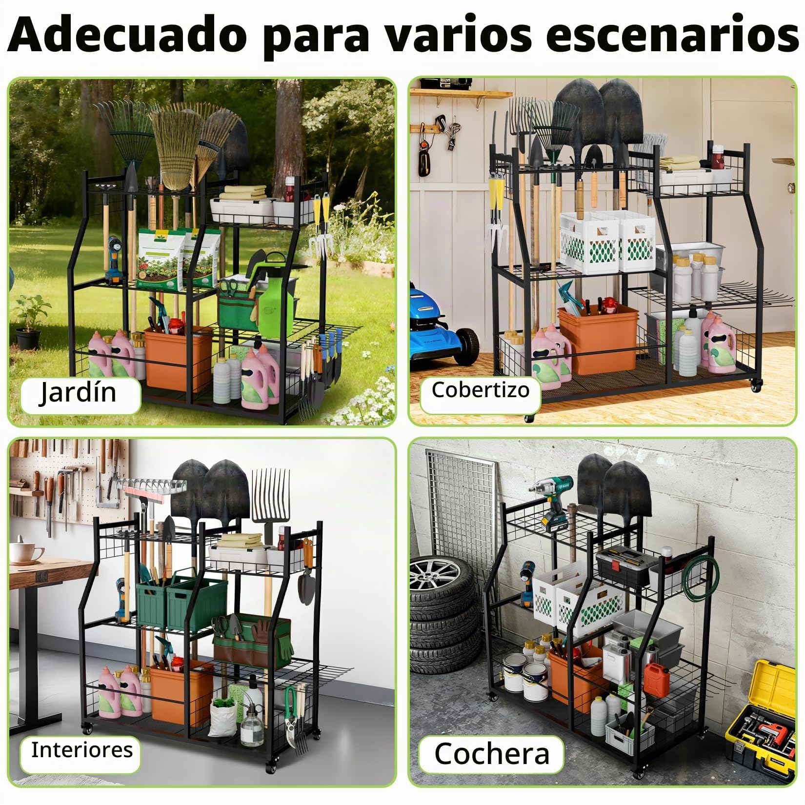 unho Estantería para Herramientas de Jardín con Ruedas - Estantería de Almacenamiento de 3 Niveles para Garaje con 45 Ranuras para Mangos y 30 Ganchos, para Garage, Taller y Exterior