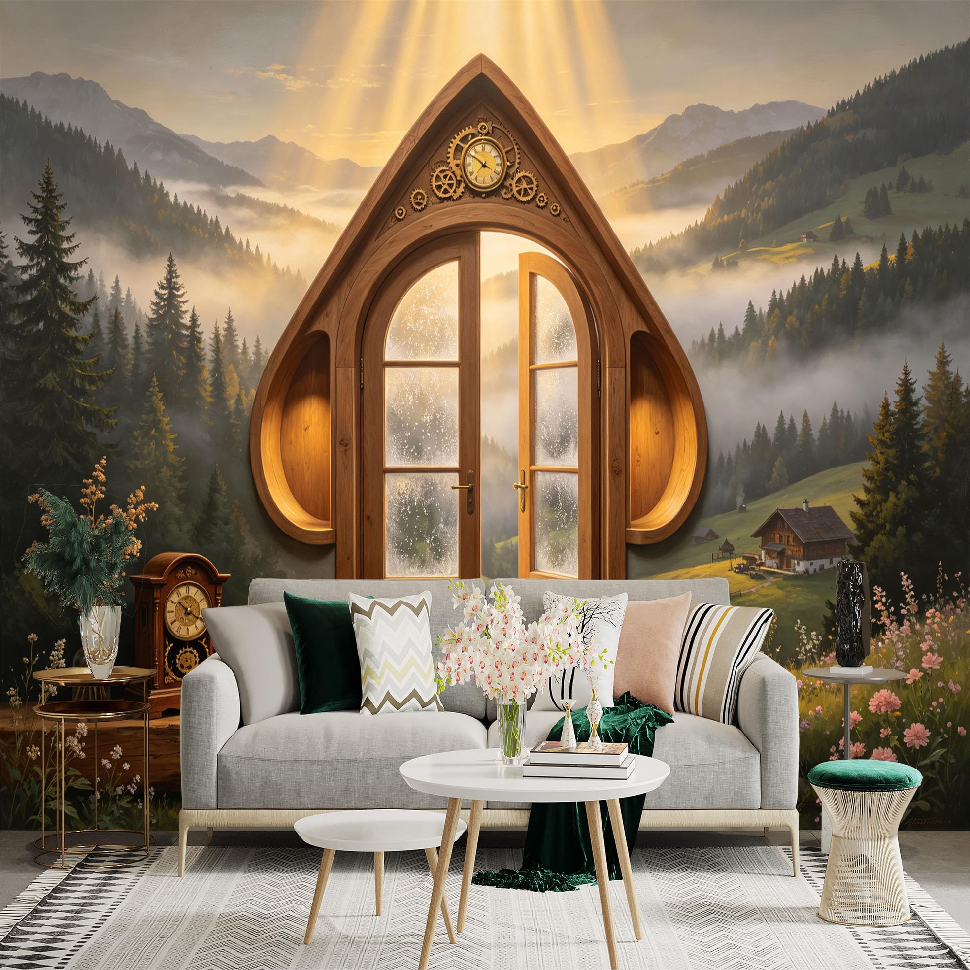 Custom Size Wall Sticker Mural， Rustic Wooden Door with Mountain Valley Sunrise and Clock Gears， for wall Decoration， peelandstick wall Decals.