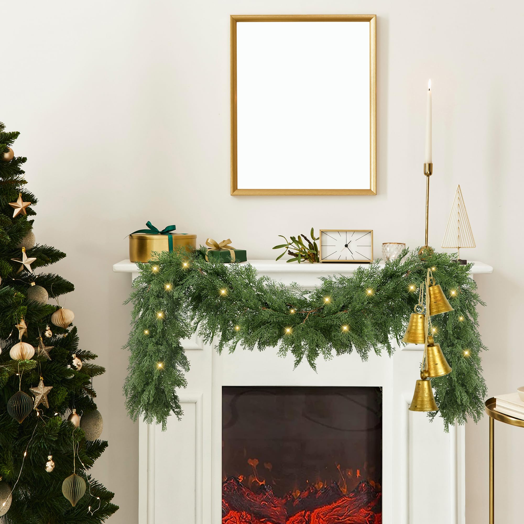 Sggvecsy Weihnachtsgirlande aus Zedernholz, künstliche Tannenzypresse, realistische Grüngirlande für Tisch, Wand, Kaminsims, Innenkamin, Zuhause, Urlaub, Winter, Weihnachtsdekoration (2 Stück)