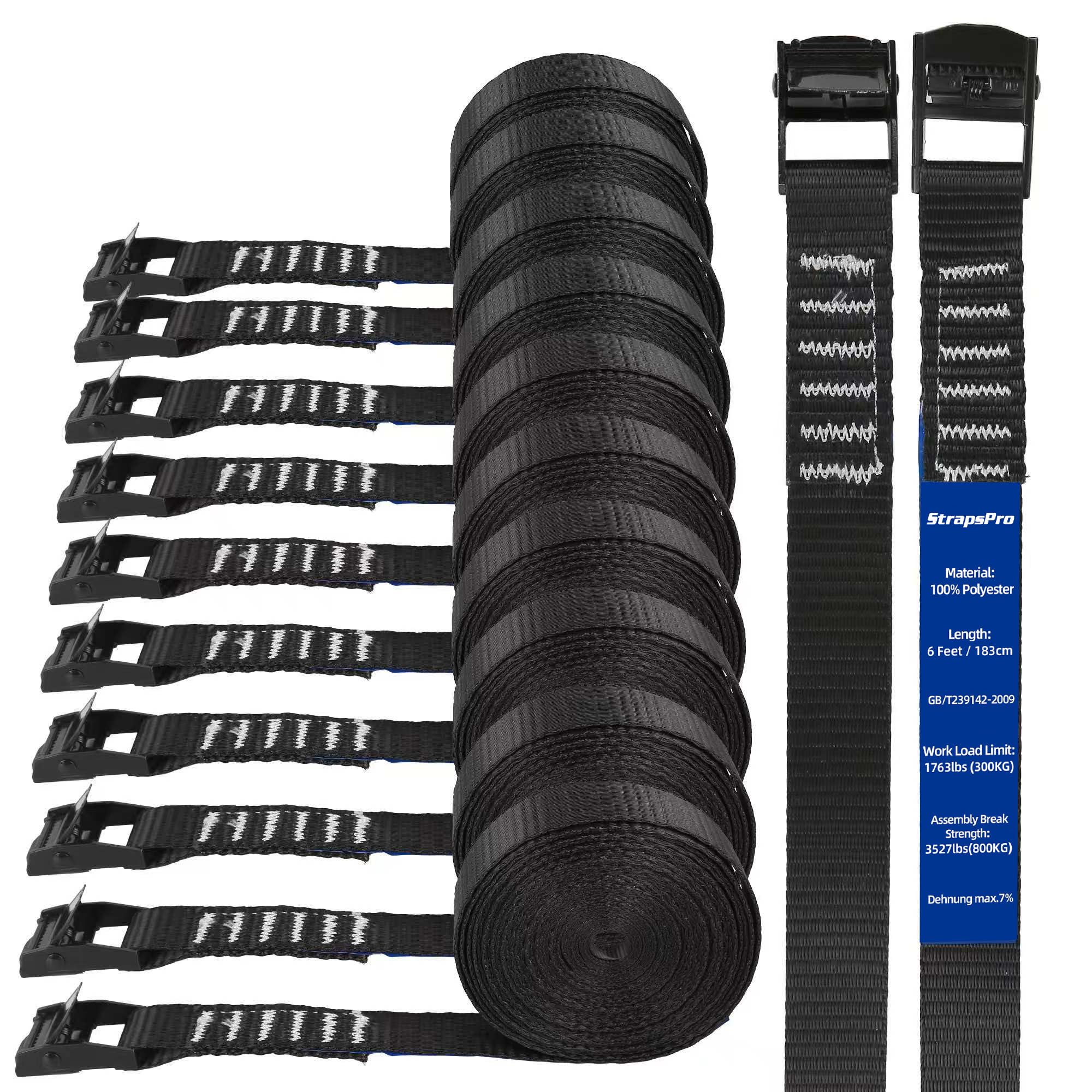 Cinch Strap, 6ft x 1 Inch Wide Lashing Straps with Buckles Adjustable Cam Straps, 1763lbs Heavy Duty Quick Pull Release Utility Nylon Black Cargo Tie Down Straps for Kayak Trucks Trailer Box, 12 Pack