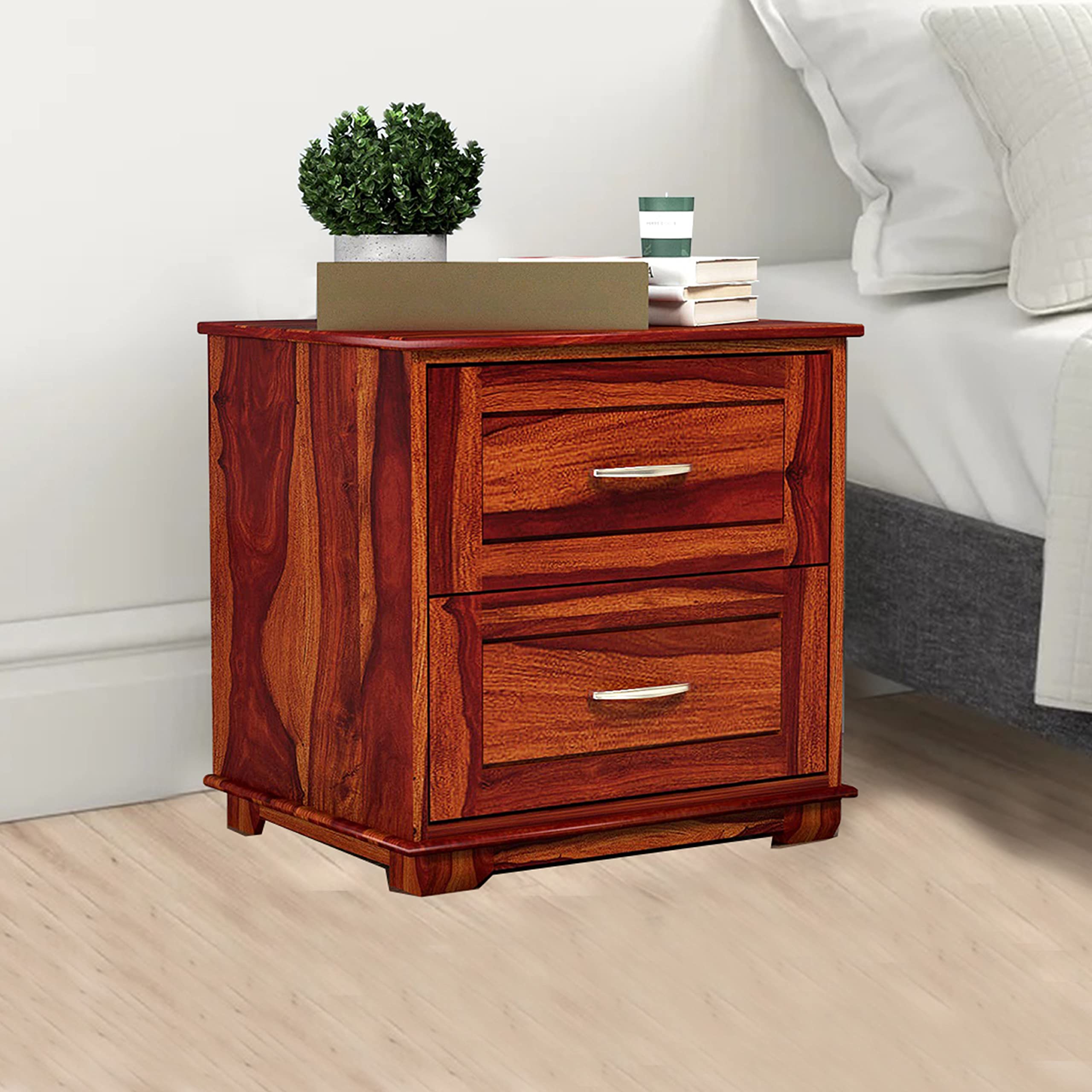 SHIKHA WOOD CRAFT Solid Sheesham Wood Bedside Table with 2 Drawers Storage Nightstand | Multipurpose Wooden Sofa Side End Table Furniture for Bedroom, Living Room, Hotels and Home (Honey Finish)